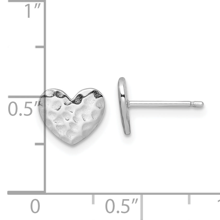 Sterling Silver Rhodium-plated Polished Hammered Heart Post Earrings