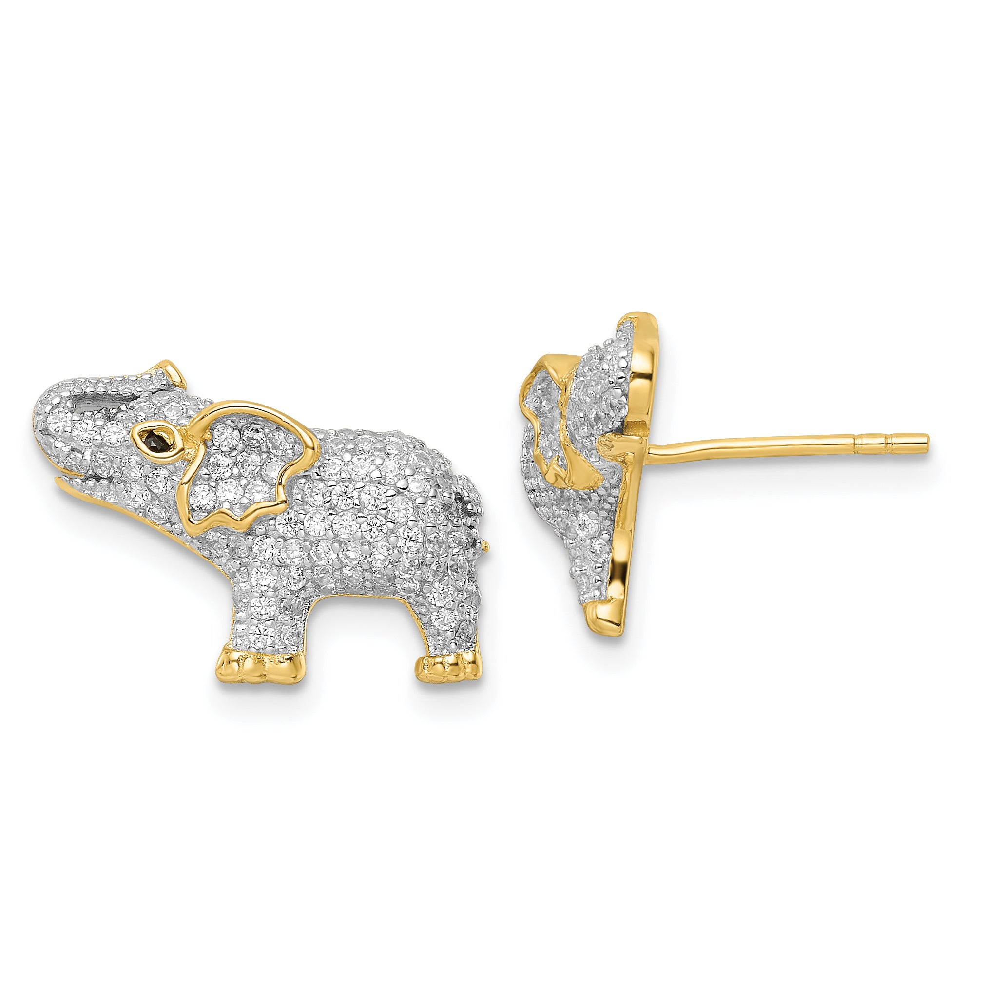 Sterling Silver Rhodium-plated Gold Tone CZ Elephant Post Earrings