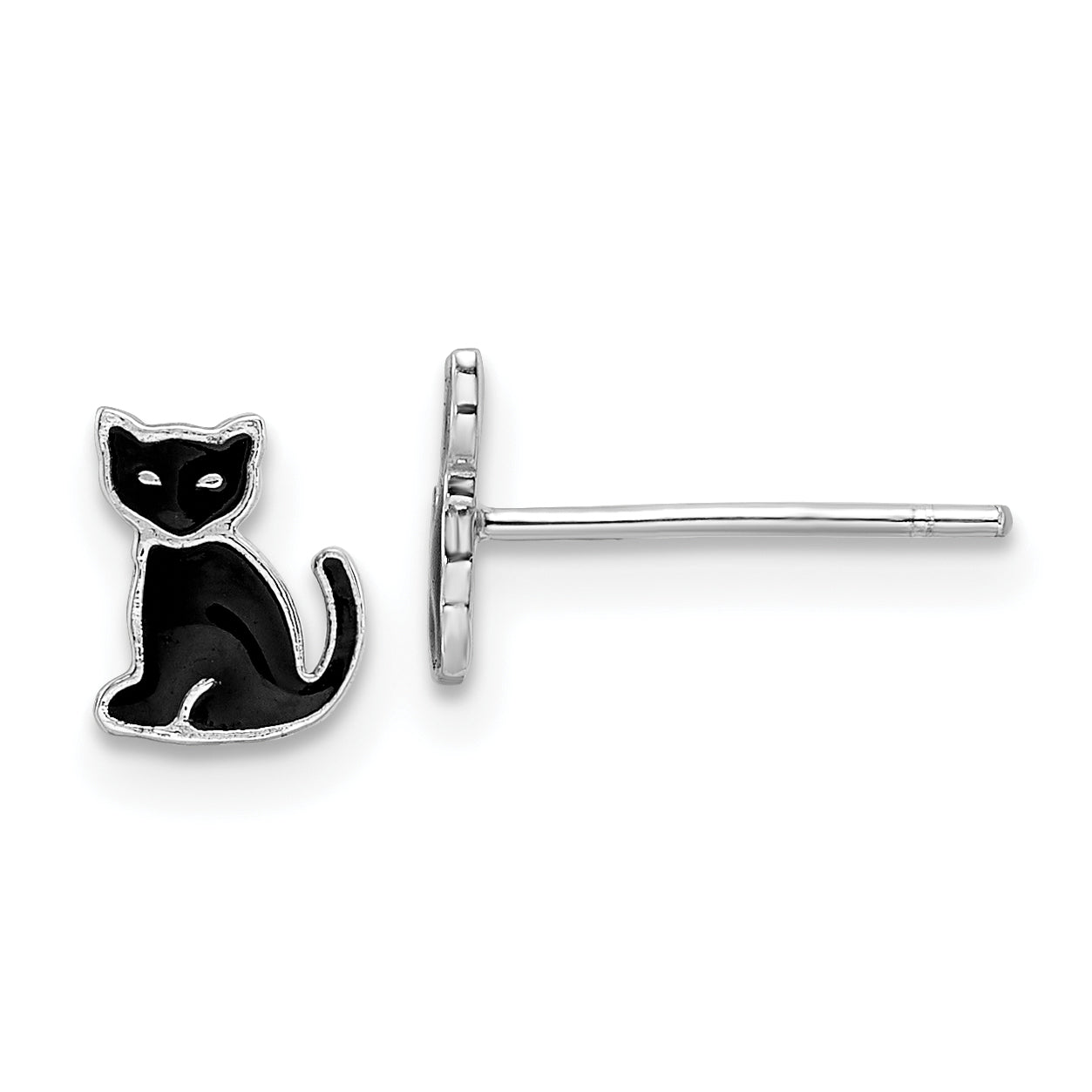 Sterling Silver RH-plated Polished Black Enameled Cat Post Earrings