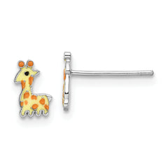 Sterling Silver Rhodium-plated Polished & Yellow, Orange & Black Enameled Giraffe Children's Post Earrings