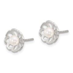 Sterling Silver Polished Flower Freshwater Cultured Pearl Post Earrings