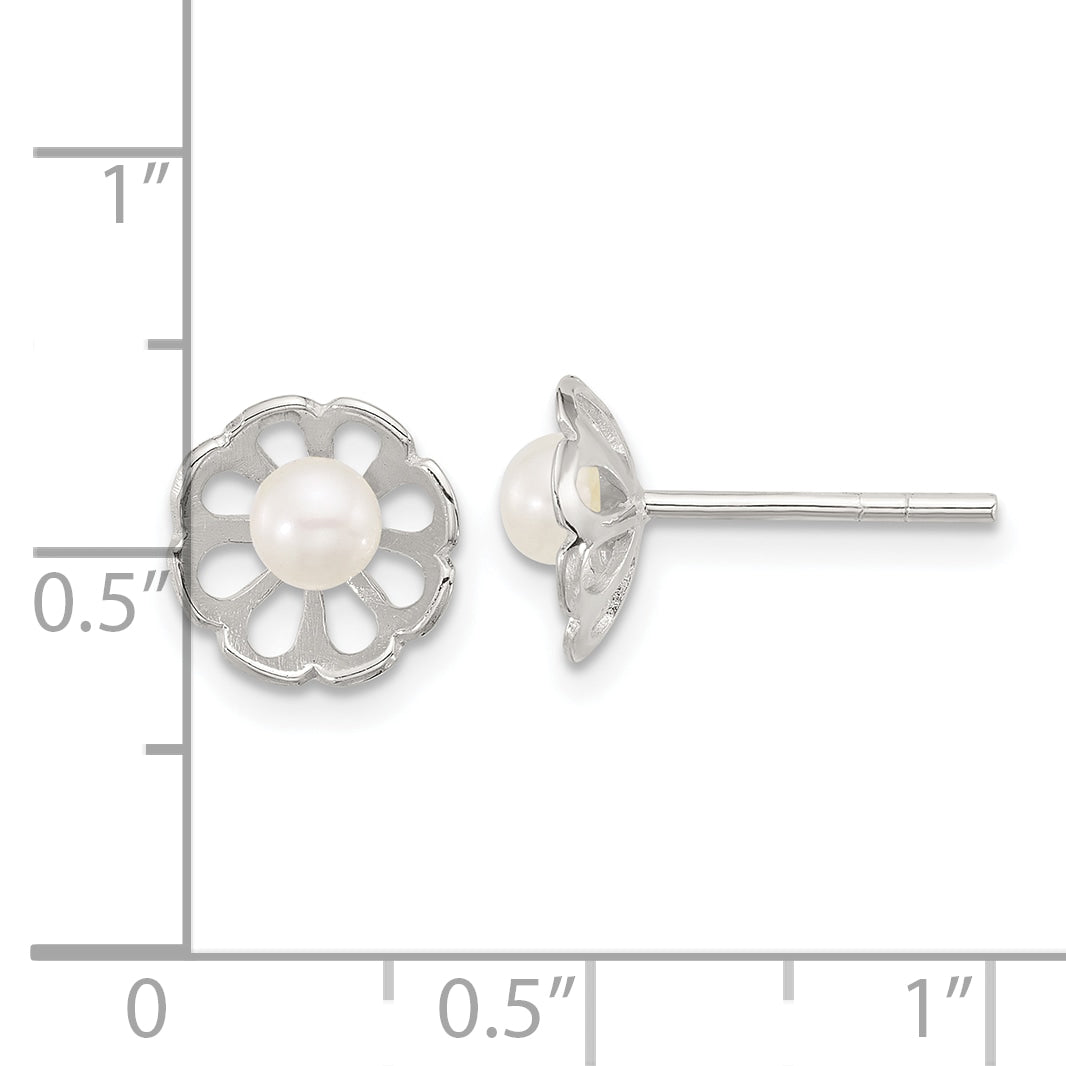 Sterling Silver Polished Flower Freshwater Cultured Pearl Post Earrings