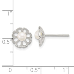 Sterling Silver Polished Flower Freshwater Cultured Pearl Post Earrings