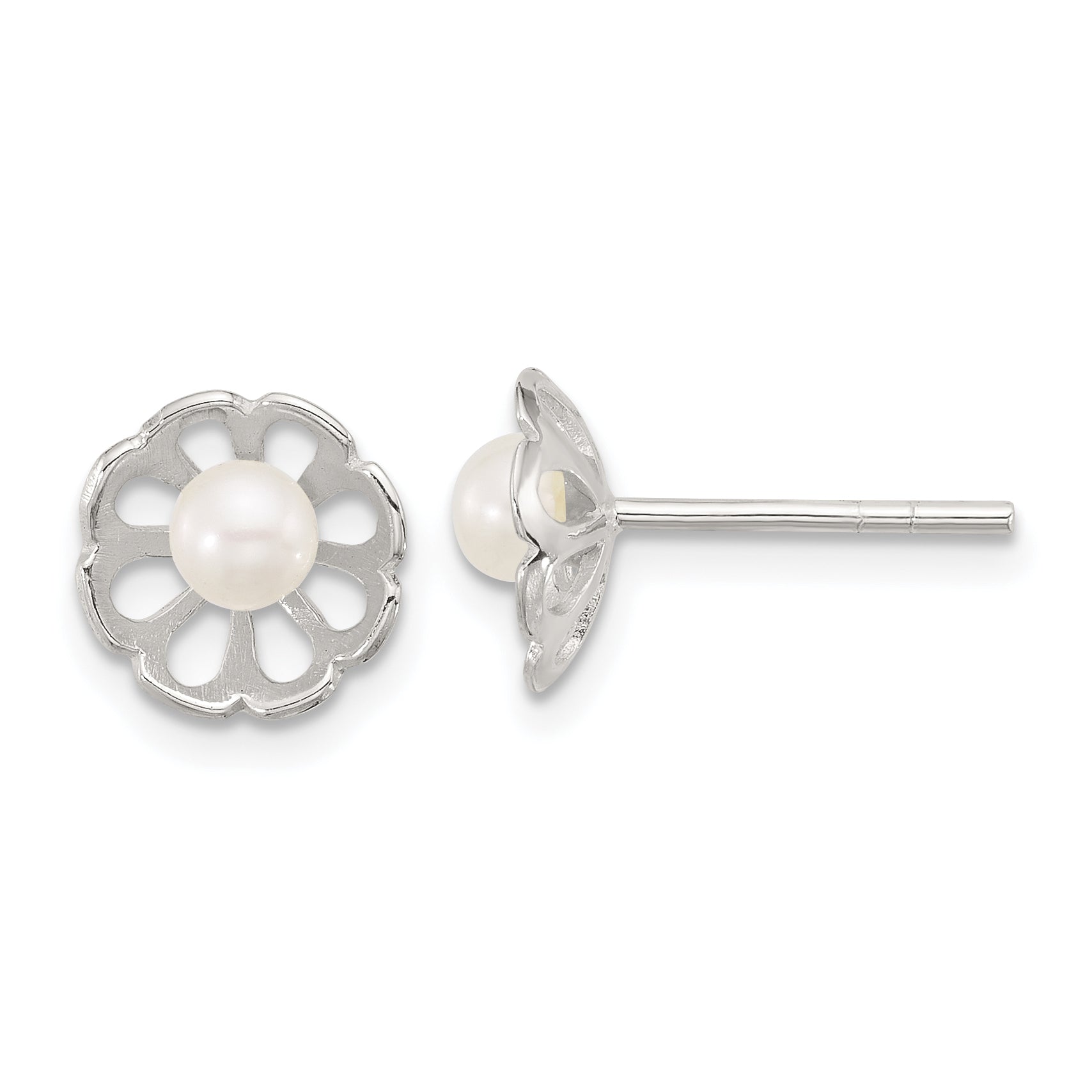 Sterling Silver Polished Flower Freshwater Cultured Pearl Post Earrings