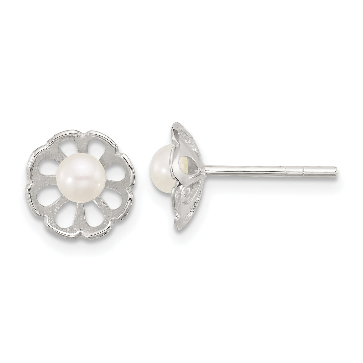 Sterling Silver Polished Flower Freshwater Cultured Pearl Post Earrings