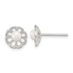 Sterling Silver Polished Flower Freshwater Cultured Pearl Post Earrings