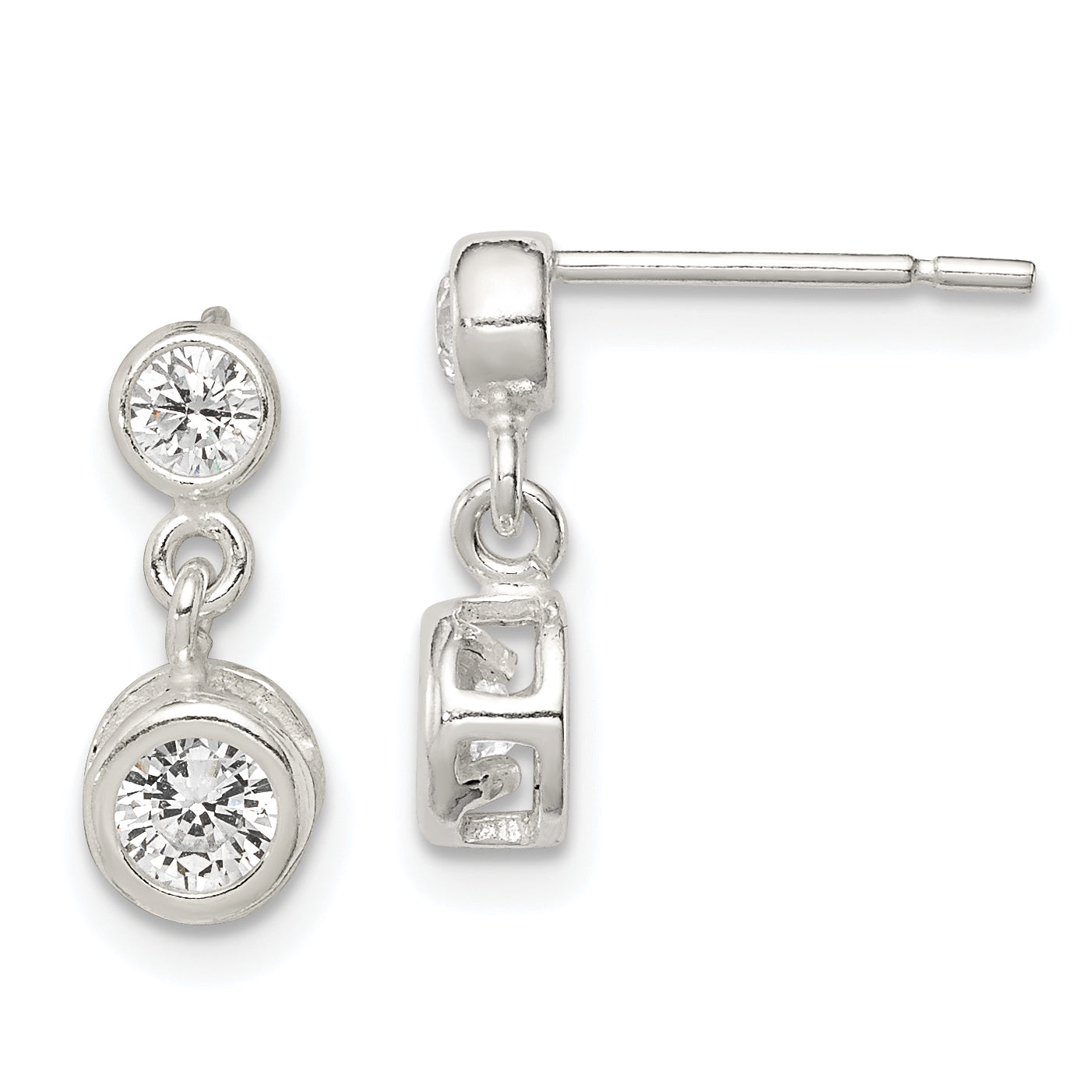 Sterling Silver Polished Round CZ Bezel Set Post Dangle Earrings Main image
