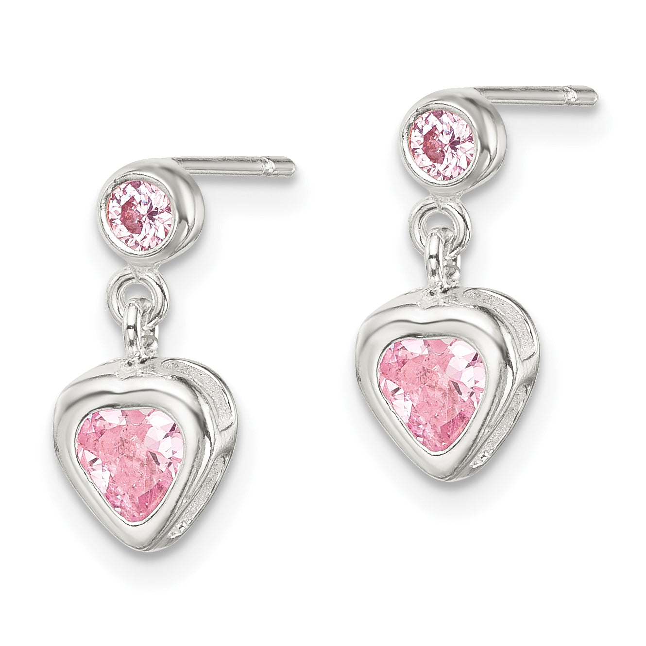 Sterling Silver Polished Pink Heart CZ Post Dangle Earrings Secondary image
