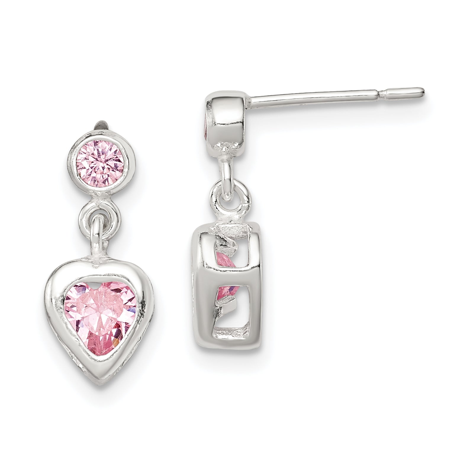 Sterling Silver Polished Pink Heart CZ Post Dangle Earrings Main image