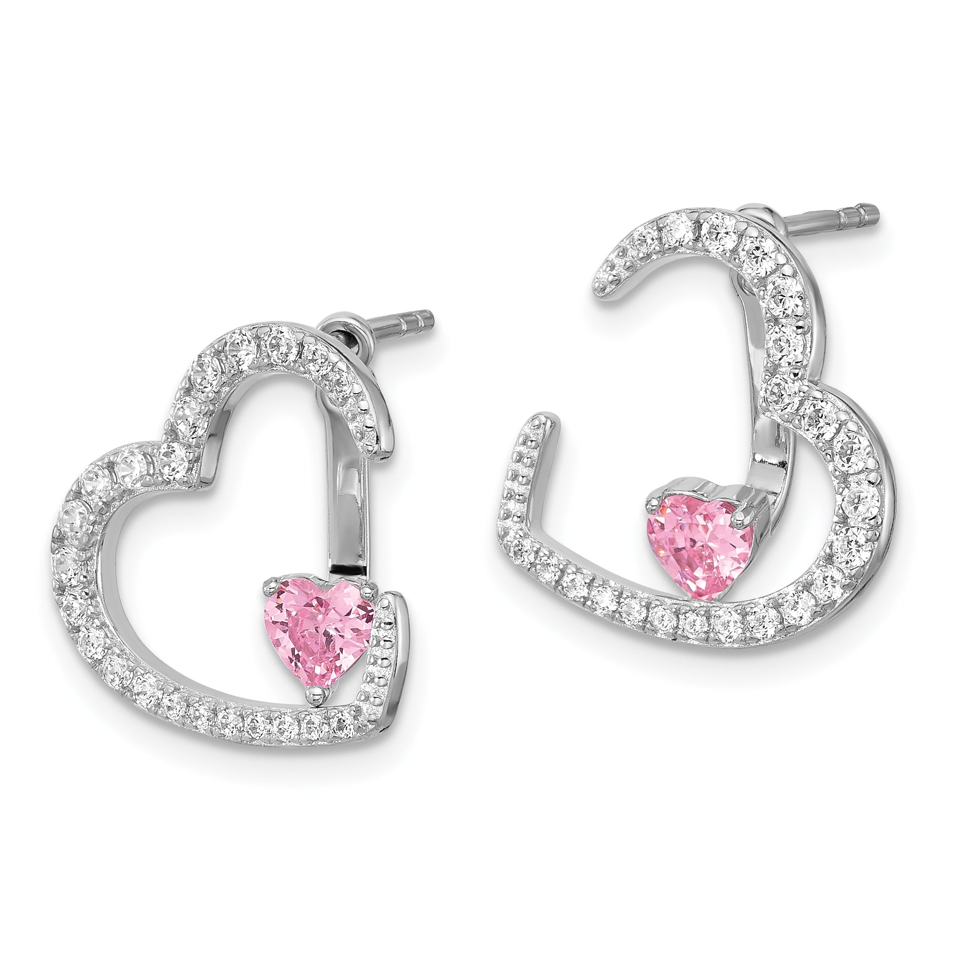 Sterling Silver Rh-plated White and Pink CZ Heart w/ Jacket Post Earrings