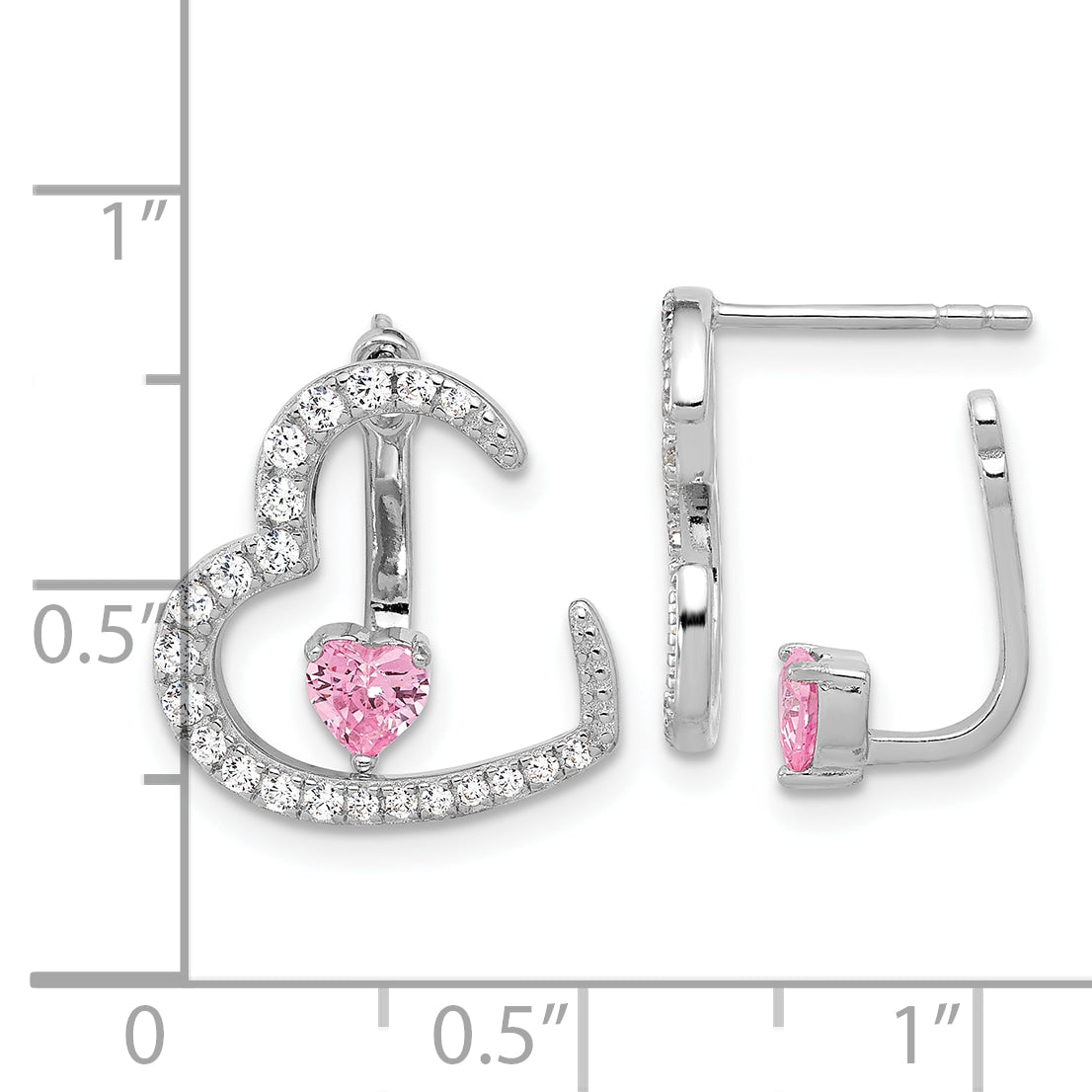 Sterling Silver Rh-plated White and Pink CZ Heart w/ Jacket Post Earrings