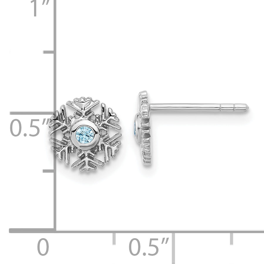 Sterling Silver Rhodium-plated Aqua CZ Snowflake Post Earrings
