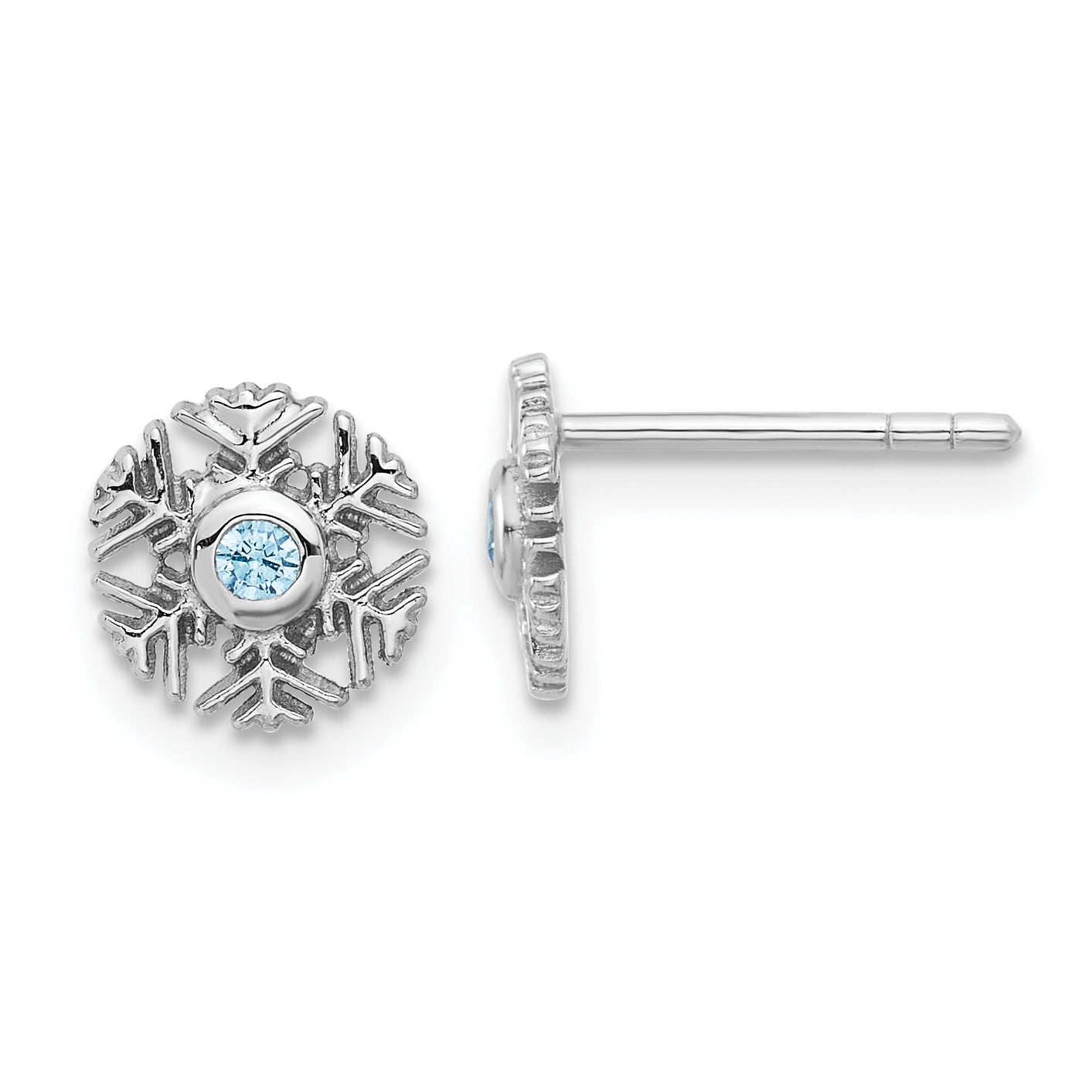 Sterling Silver Rhodium-plated Aqua CZ Snowflake Post Earrings