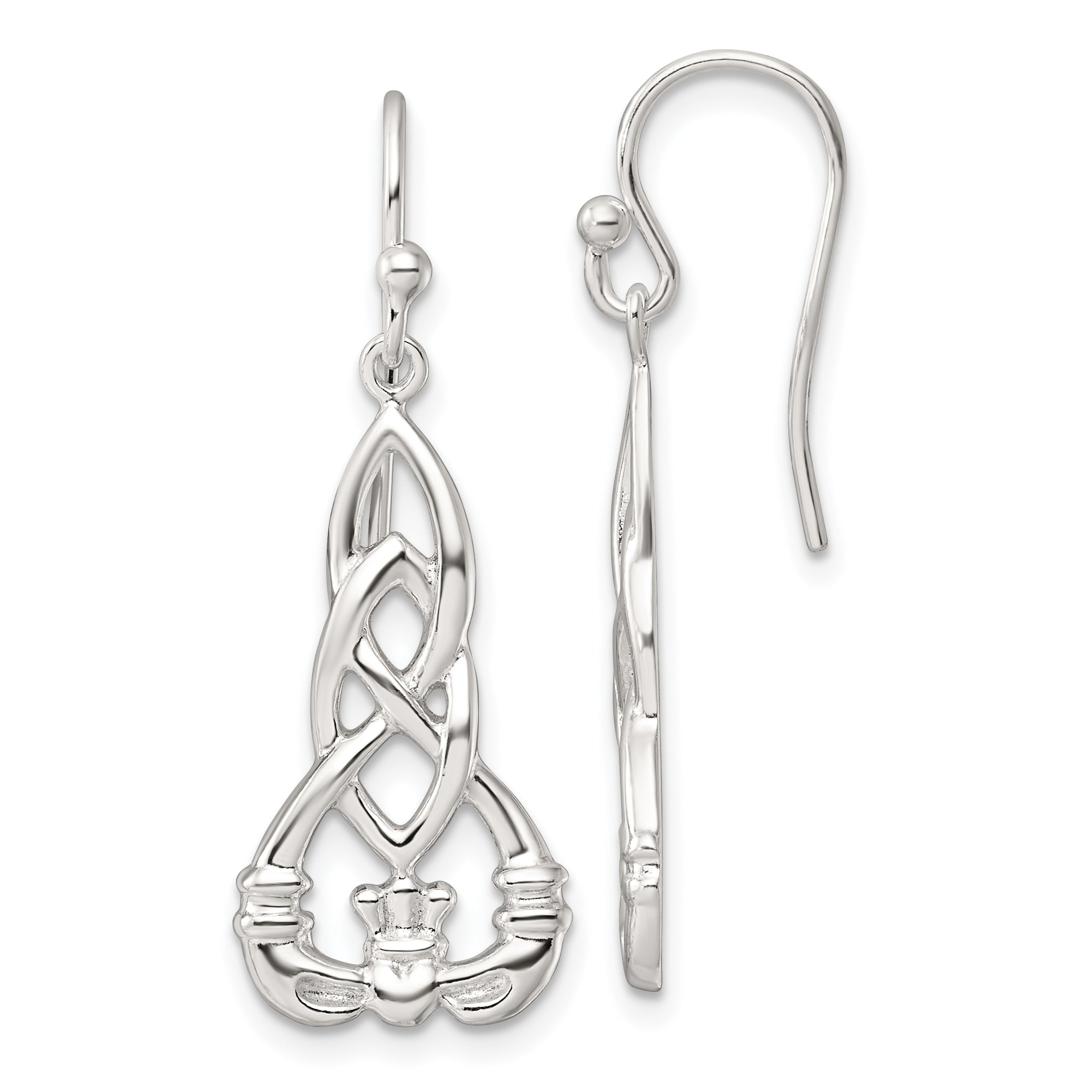 Sterling Silver Polished Celtic Knot Claddagh Dangle Earrings