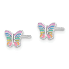 Sterling Silver RH-plated Rainbow Enamel Butterfly Children's Post Earrings