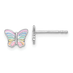 Sterling Silver RH-plated Rainbow Enamel Butterfly Children's Post Earrings