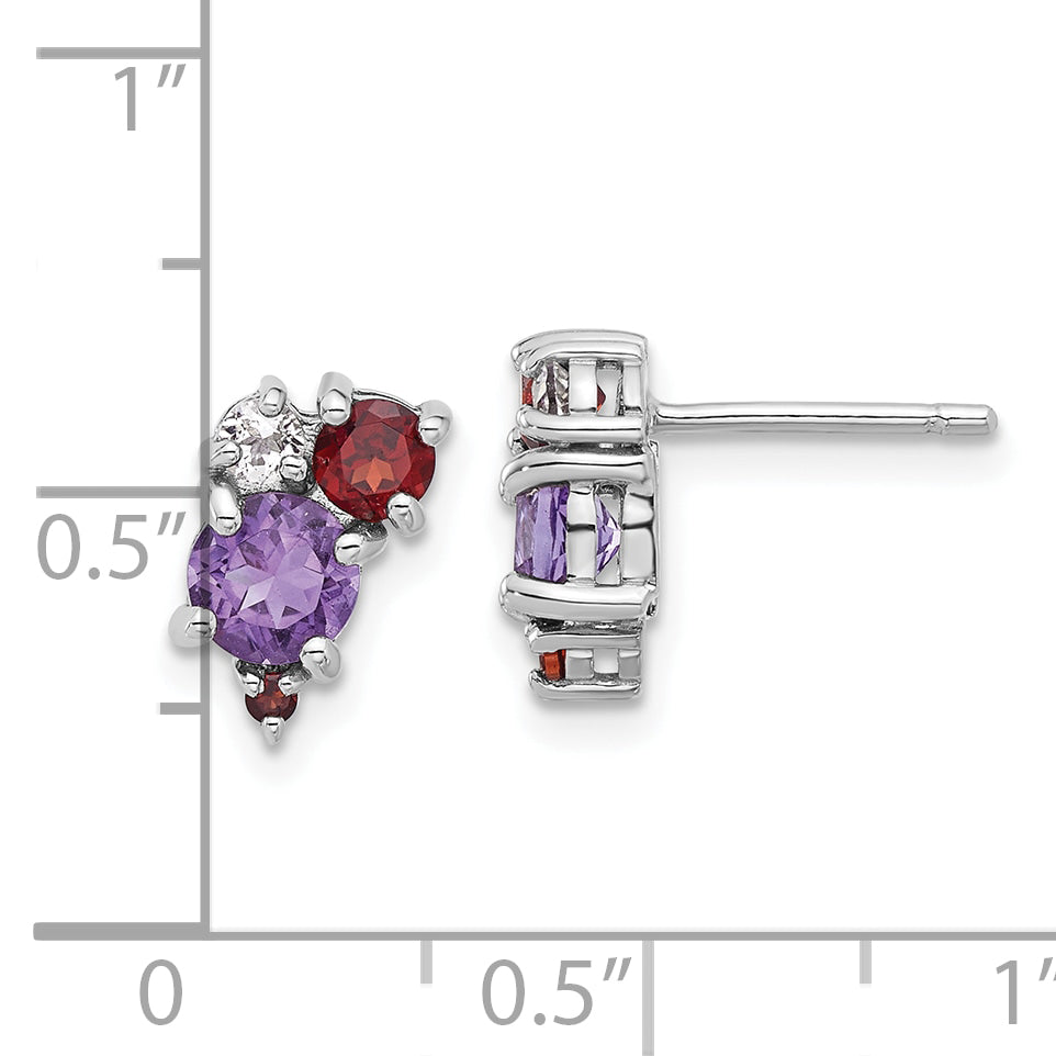 Sterling Silver Rhodium-pl Amethyst Garnet and White Topaz Post Earrings