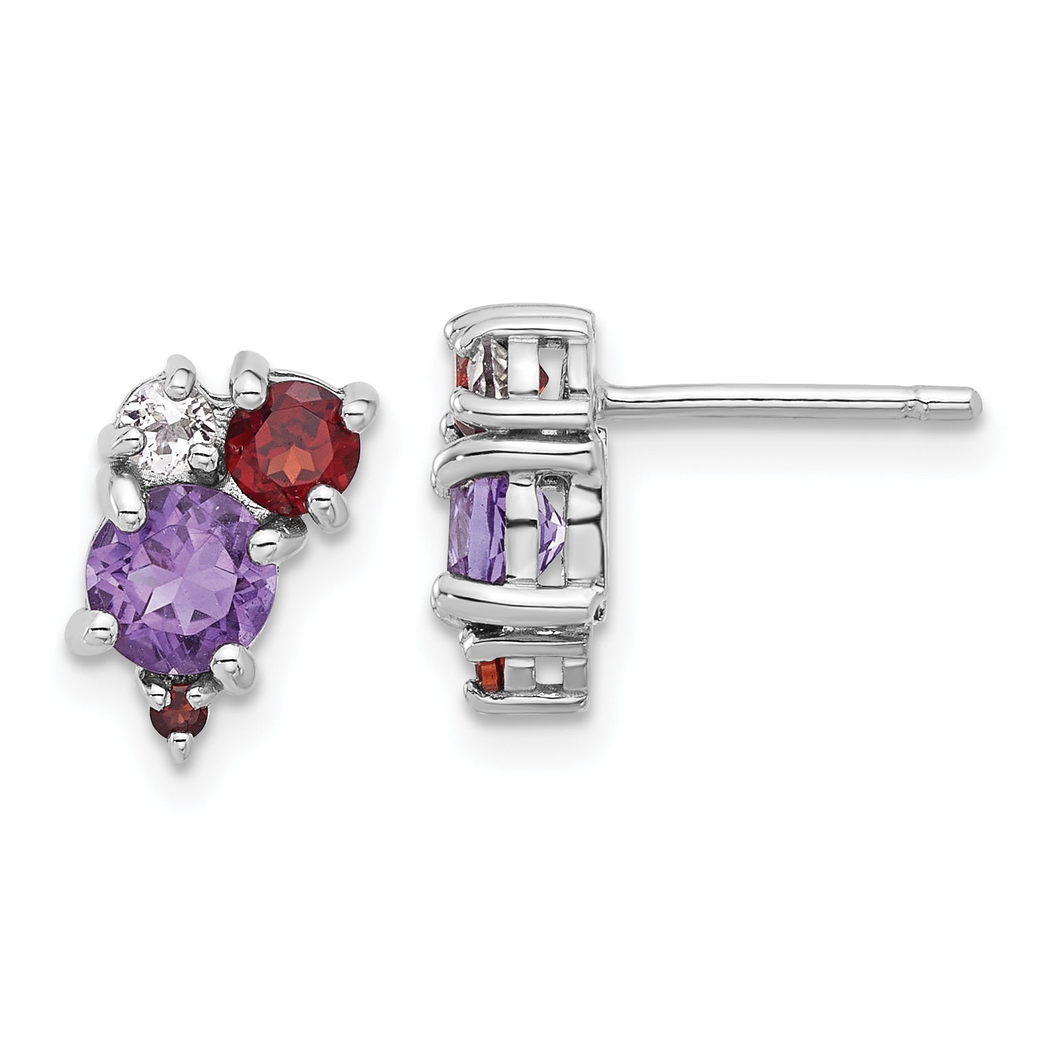 Sterling Silver Rhodium-pl Amethyst Garnet and White Topaz Post Earrings