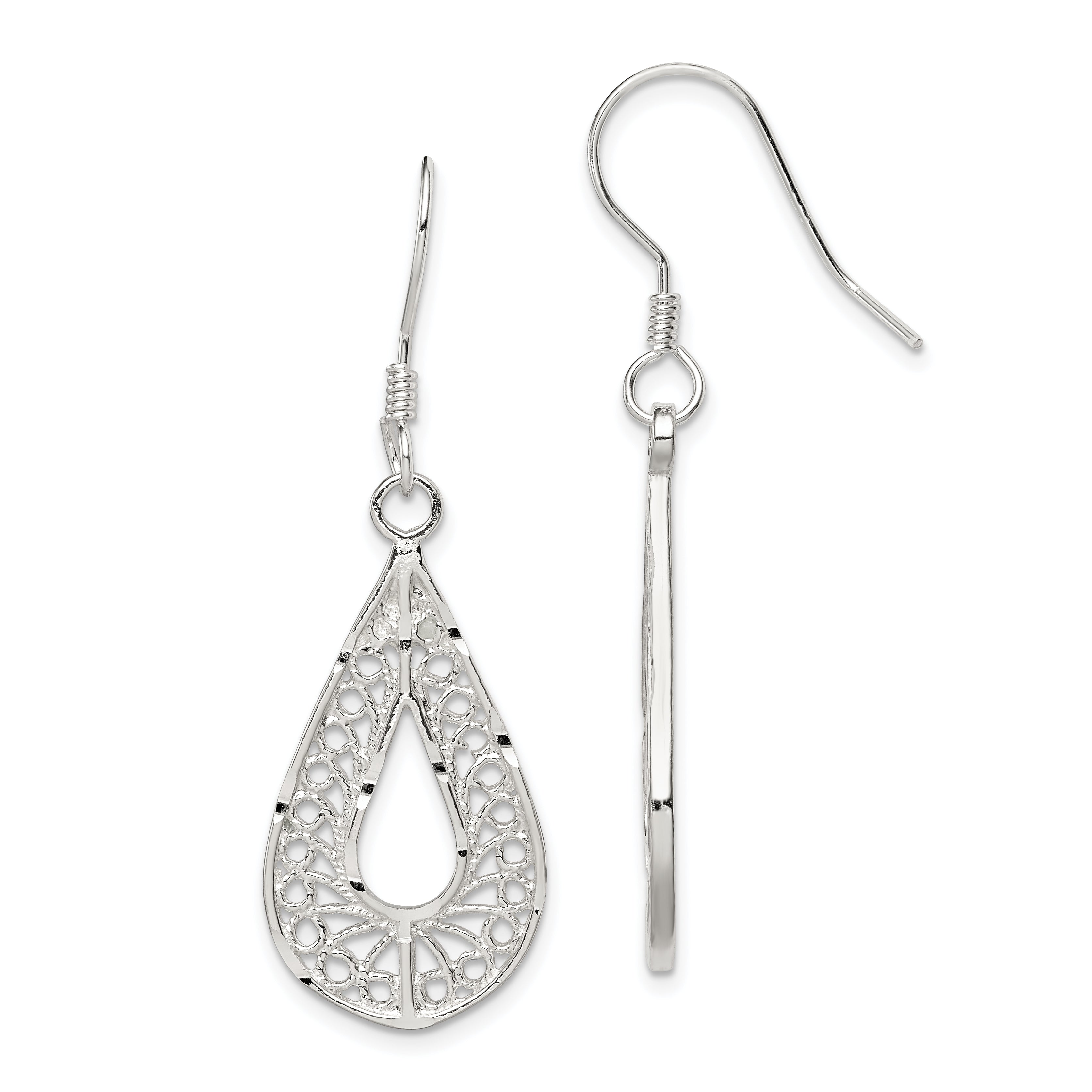 Sterling Silver Polished Textured D/C Filigree Teardrop Dangle Earrings Main image