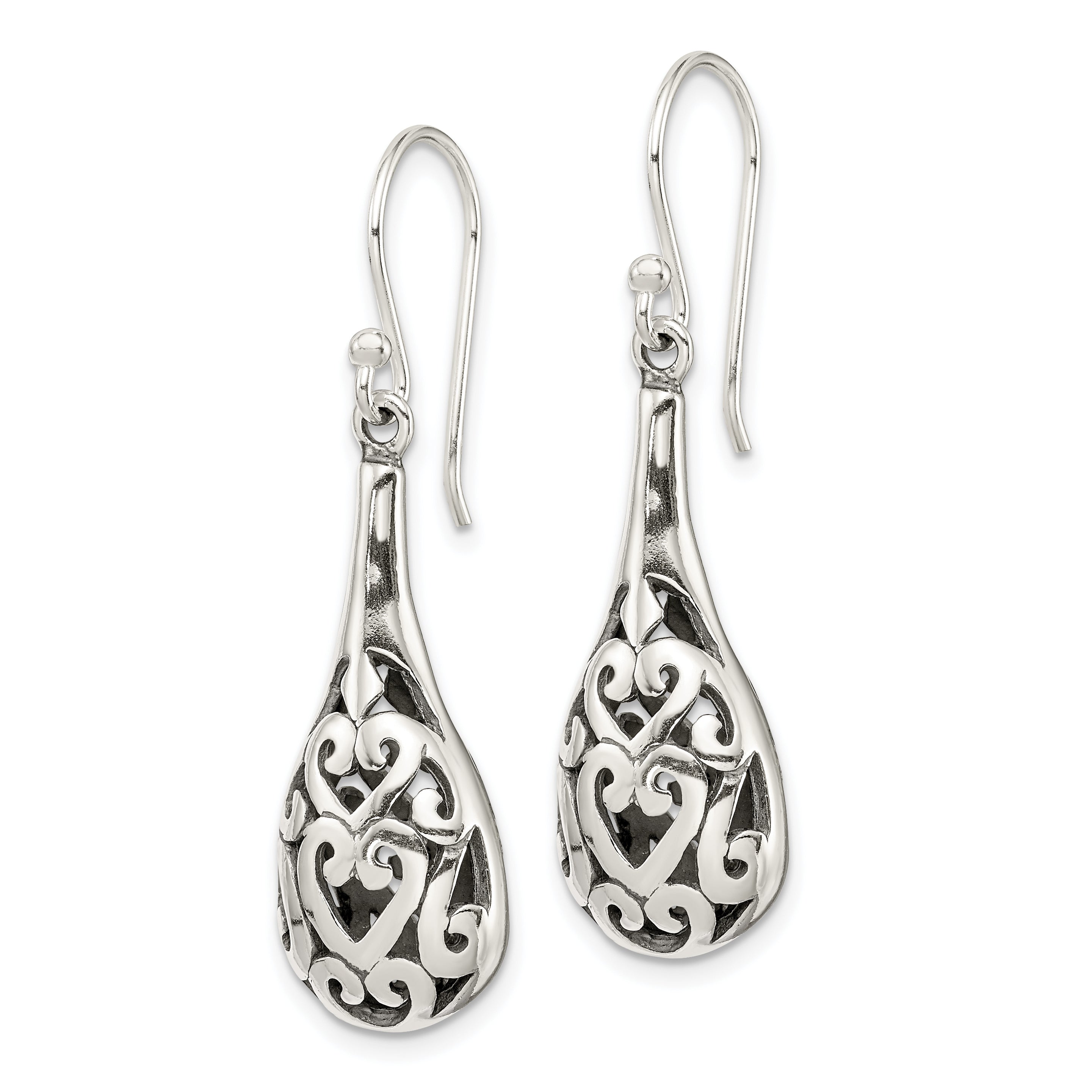 Sterling Silver Polished & Antiqued Filigree Heart Teardrop Dangle Earrings Secondary image