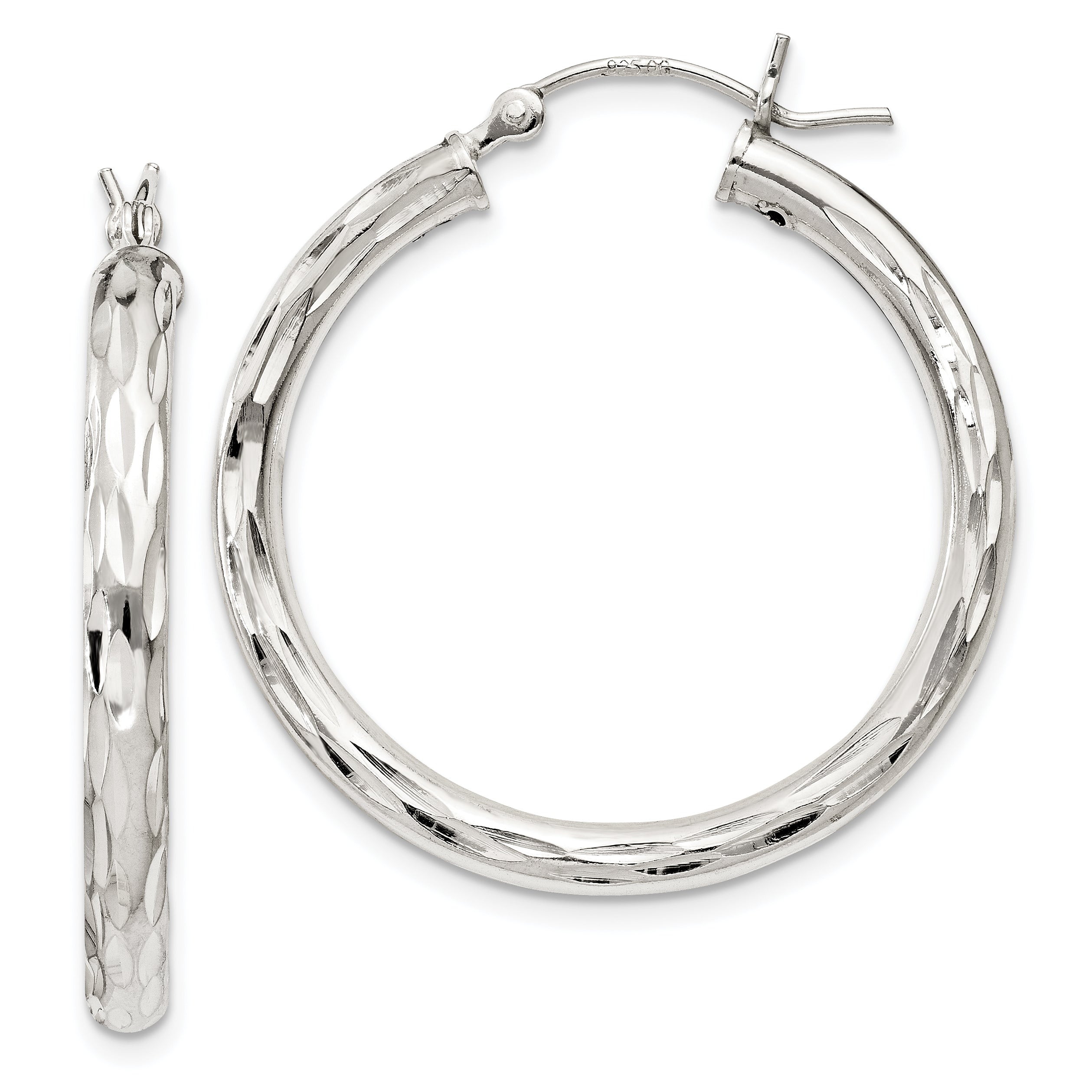 Sterling Silver Diamond-cut Satin 3x30mm Hoop Earrings Main image