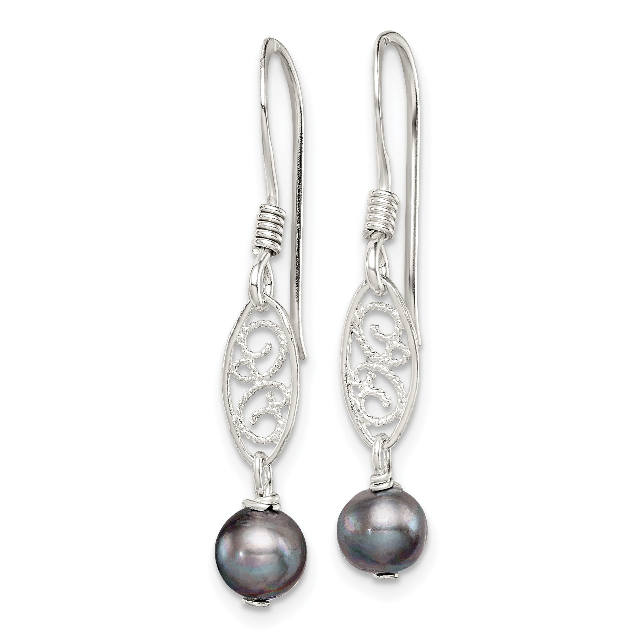 Sterling Silver Polished Filigree 5-6mm Grey Freshwater Cultured Pearl Dangle Earrings Secondary image