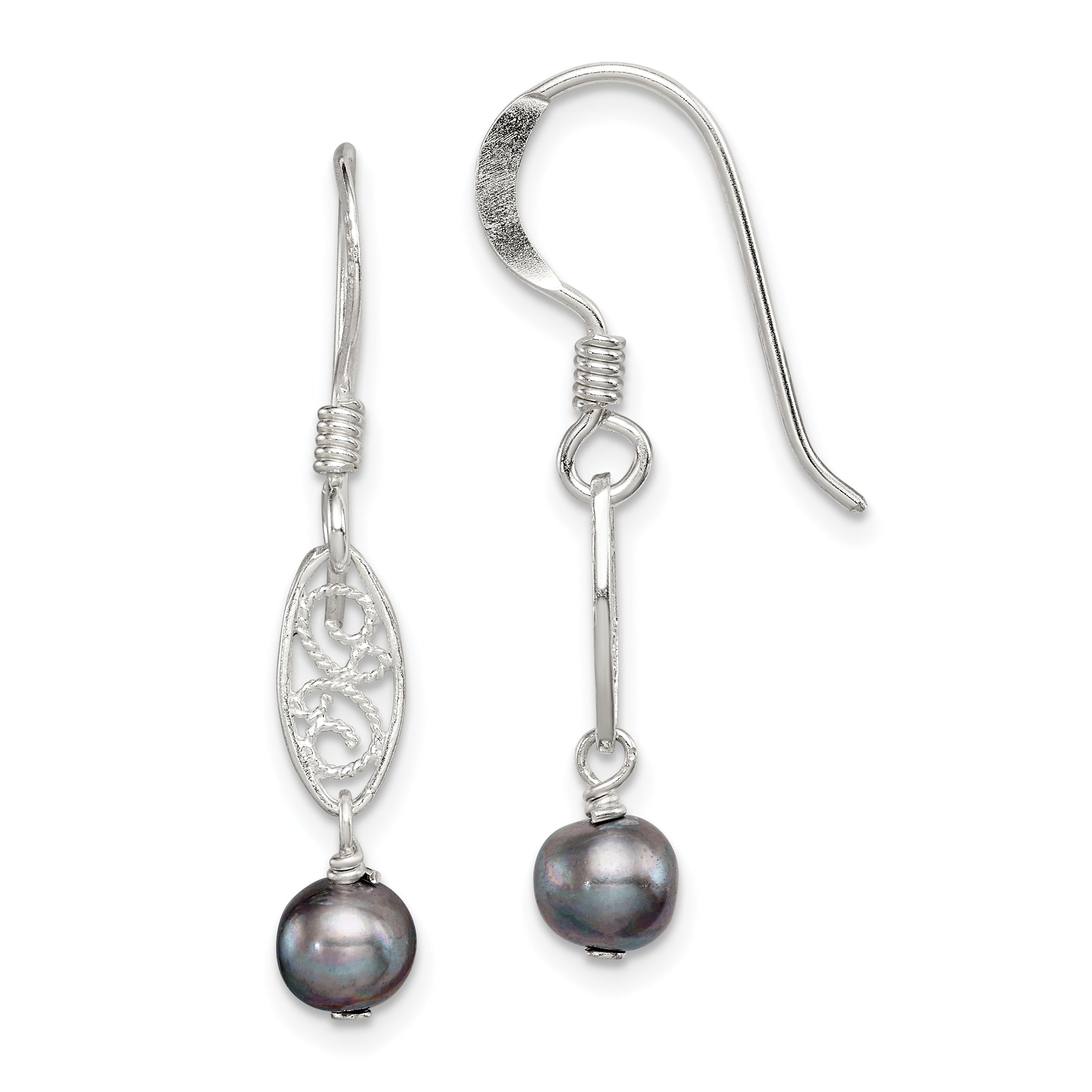 Sterling Silver Polished Filigree 5-6mm Grey Freshwater Cultured Pearl Dangle Earrings Main image