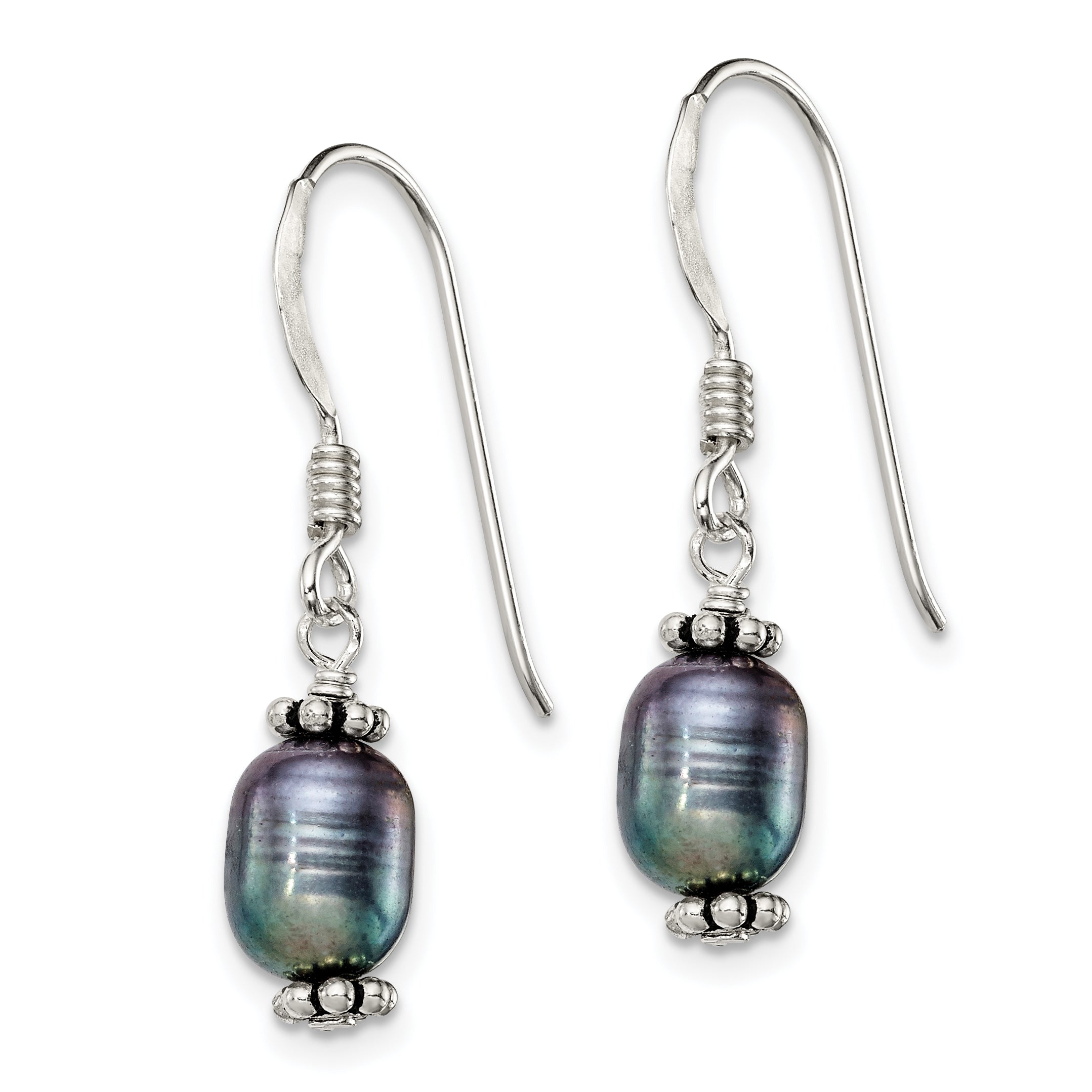 Sterling Silver Polished, Antiqued & Beaded 6-7mm Rice Black Freshwater Cultured Pearl Dangle Earrings Secondary image