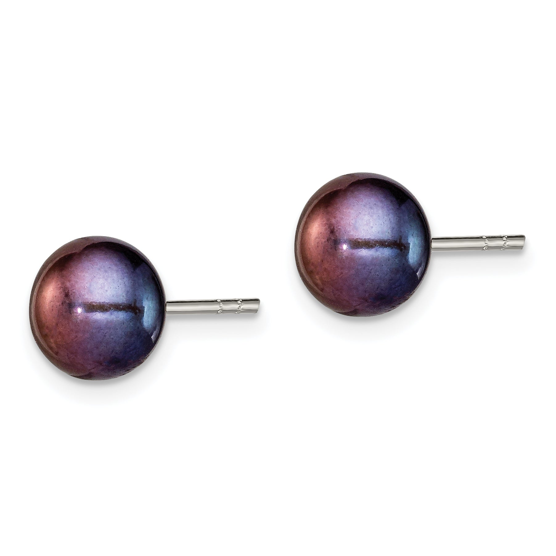 Sterling Silver Polished 7-8mm Black Freshwater Cultured Pearl Button Post Earrings Secondary image