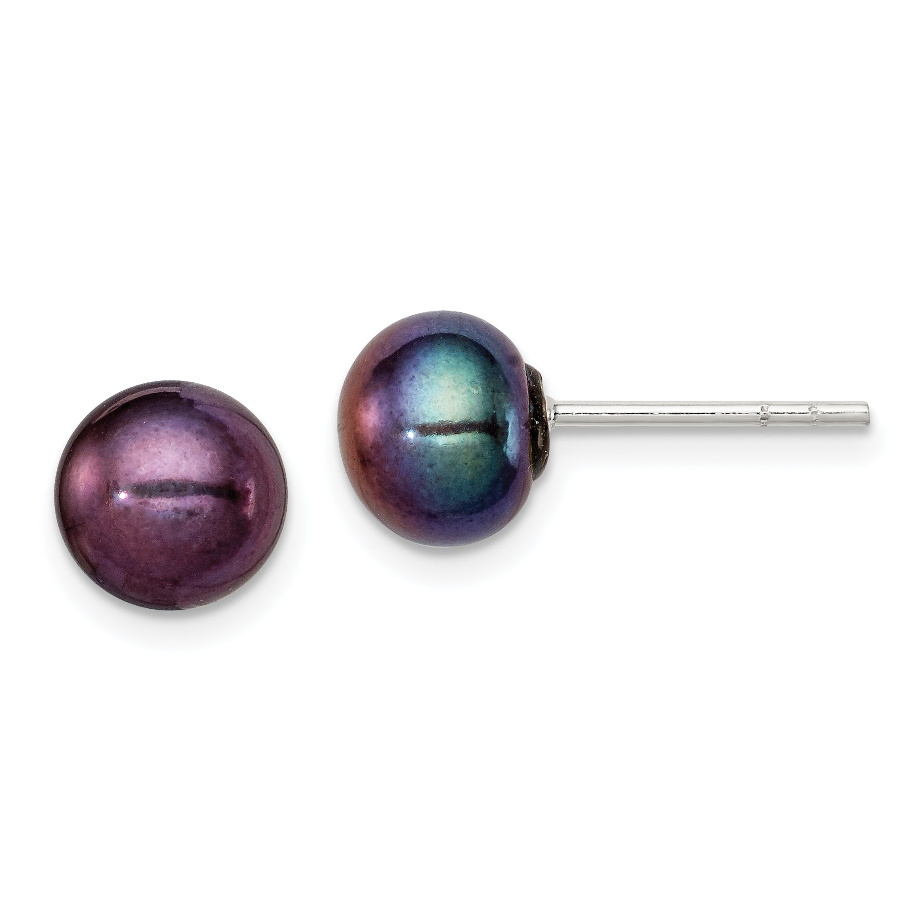 Sterling Silver Polished 7-8mm Black Freshwater Cultured Pearl Button Post Earrings Main image