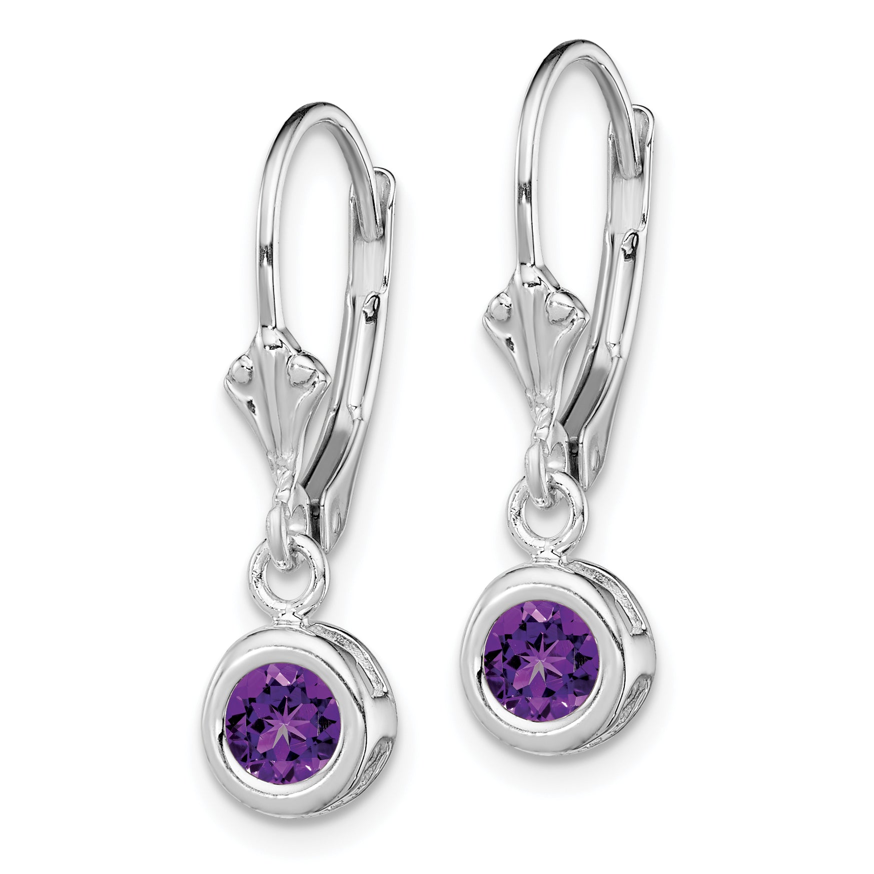 Sterling Silver Rhodium Plated 5mm Round Amethyst Leverback Earrings Secondary image