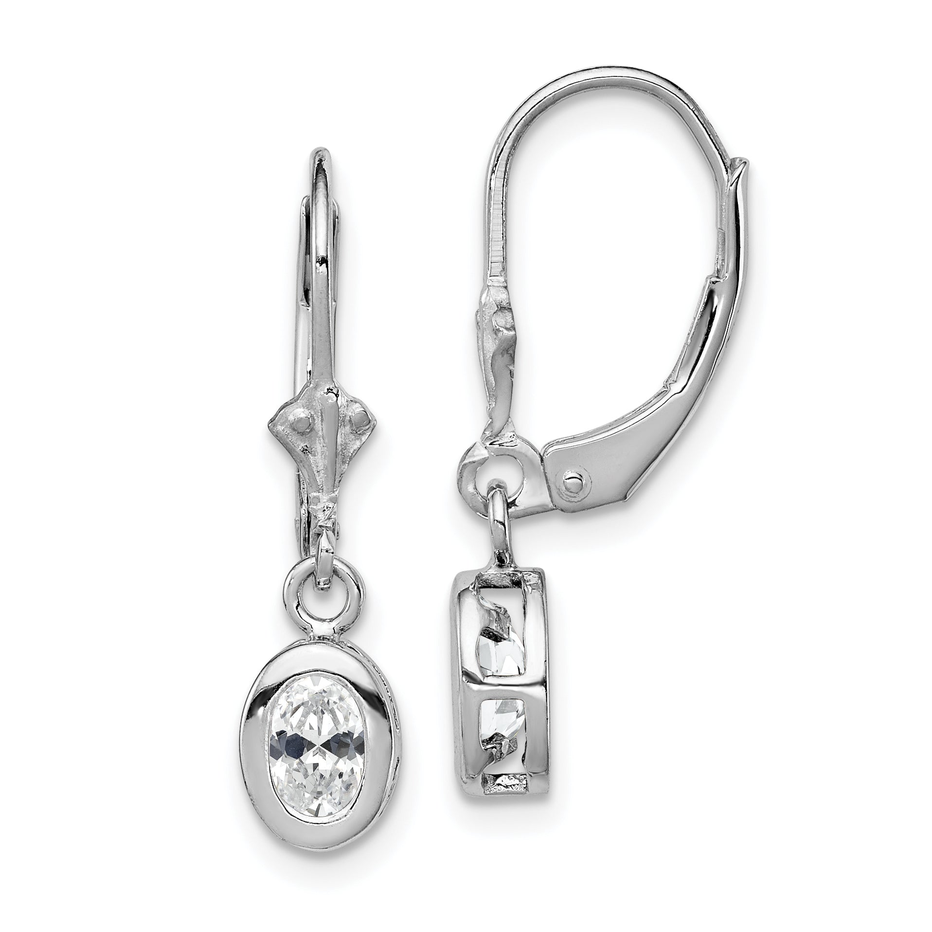 Sterling Silver Rhodium Plated 6x4mm Oval CZ Leverback Earrings Main image