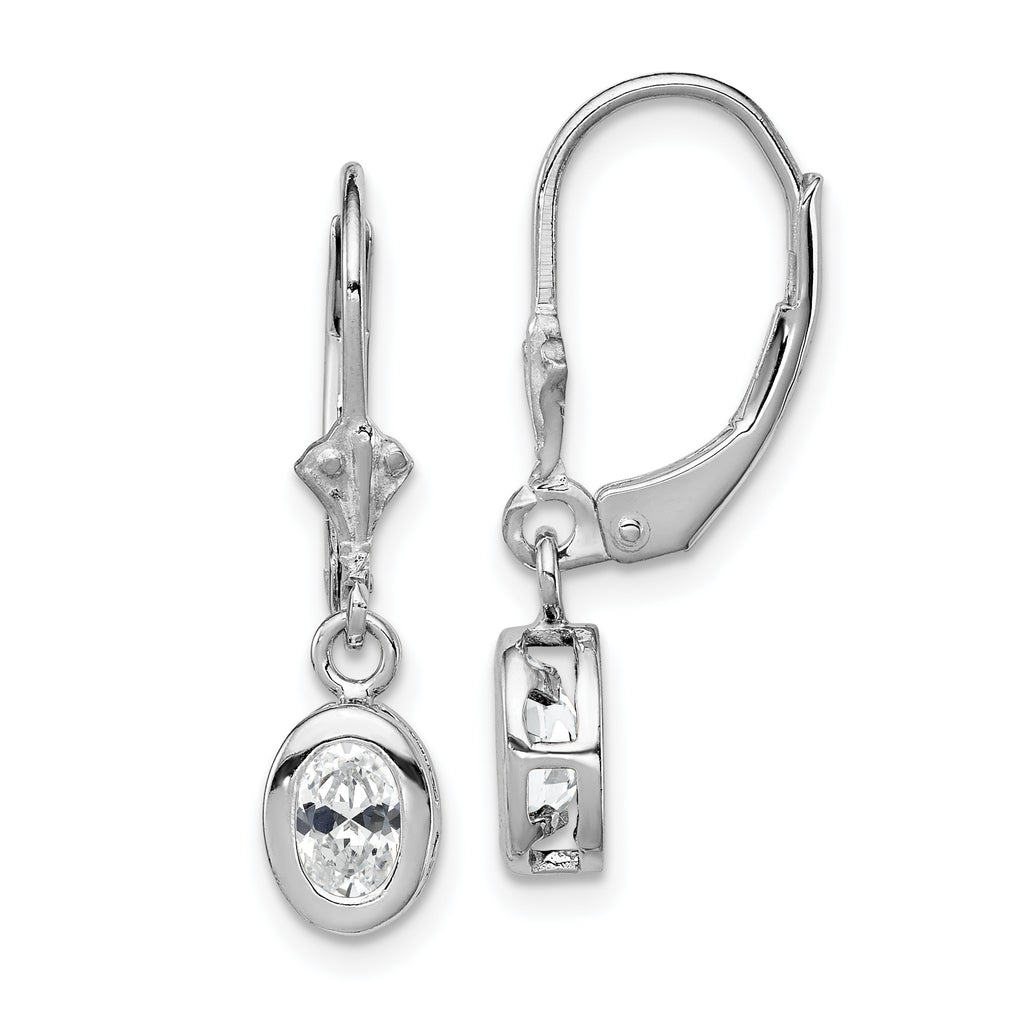 Sterling Silver Rhodium Plated 6x4mm Oval CZ Leverback Earrings