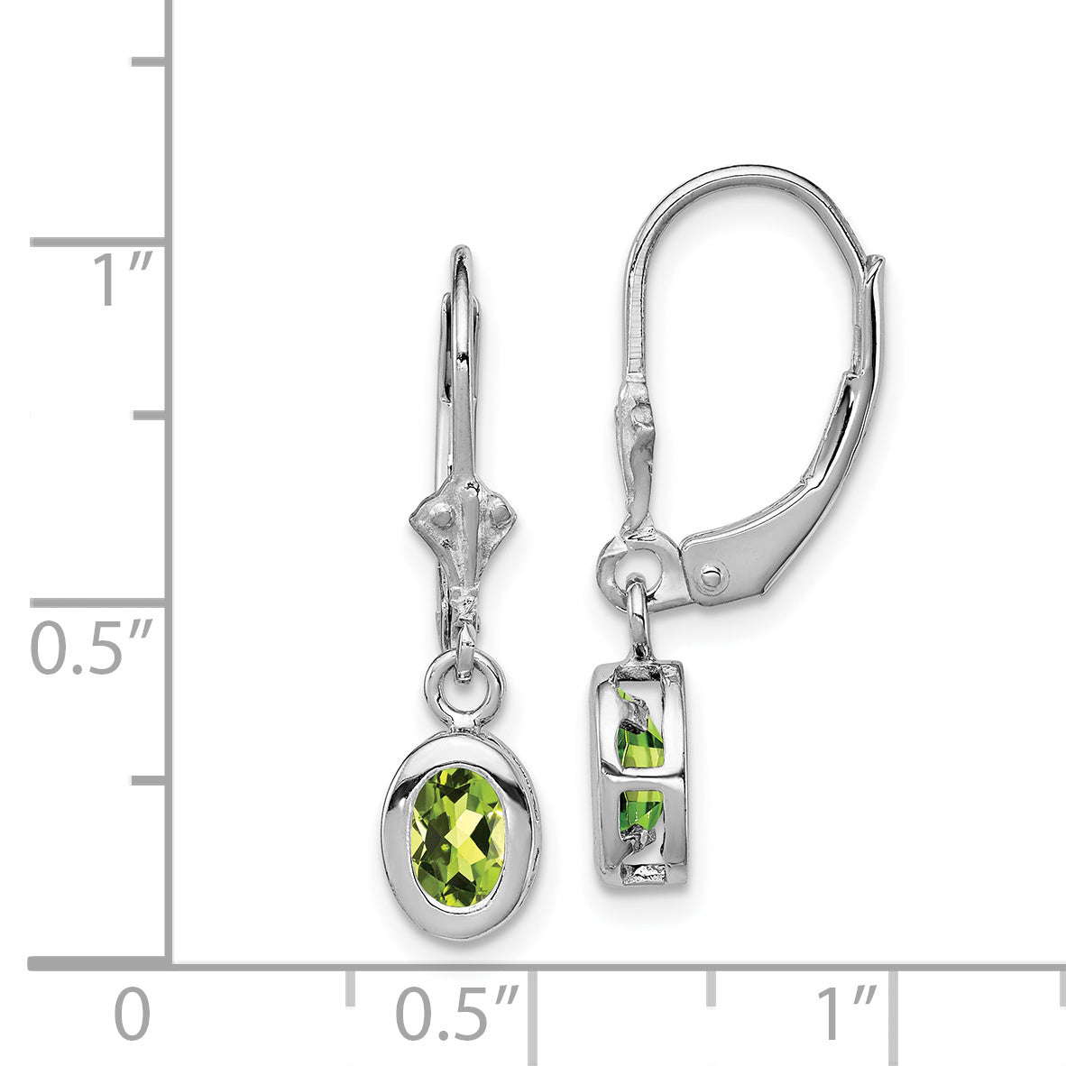 Sterling Silver Rhodium Plated 6x4mm Oval Peridot Leverback Earrings