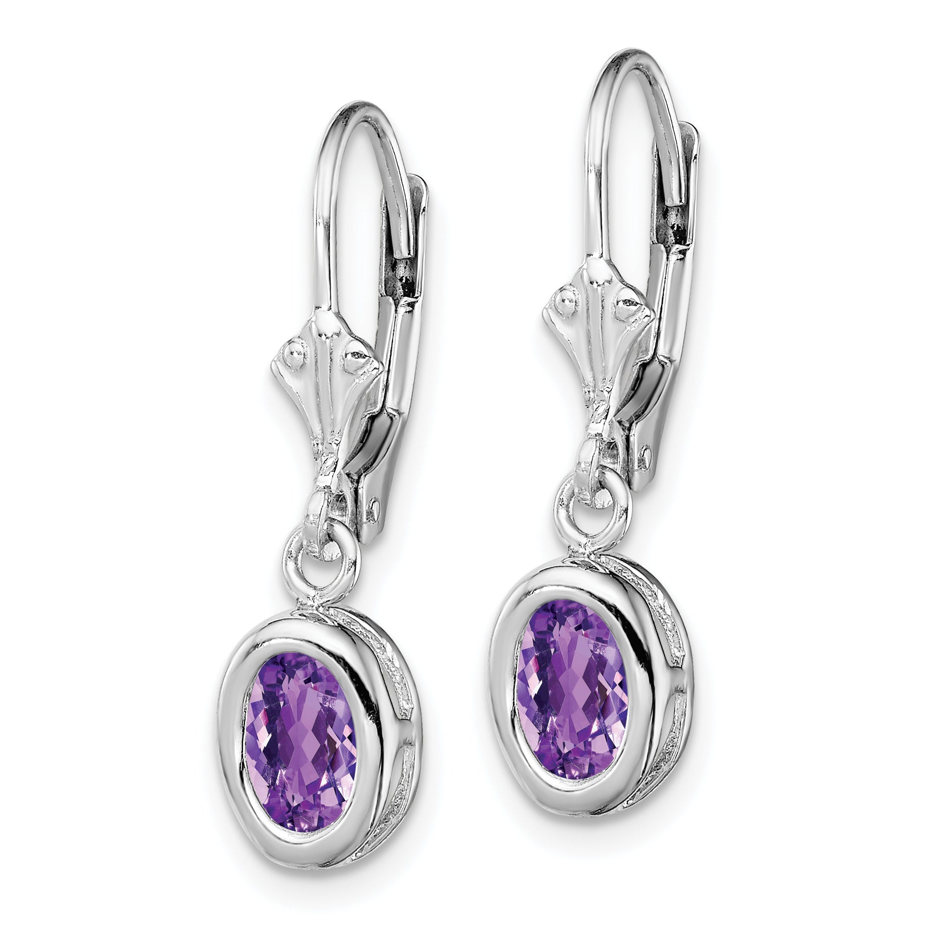 Sterling Silver Rhodium Plated 7x5mm Oval Amethyst Leverback Earrings Secondary image