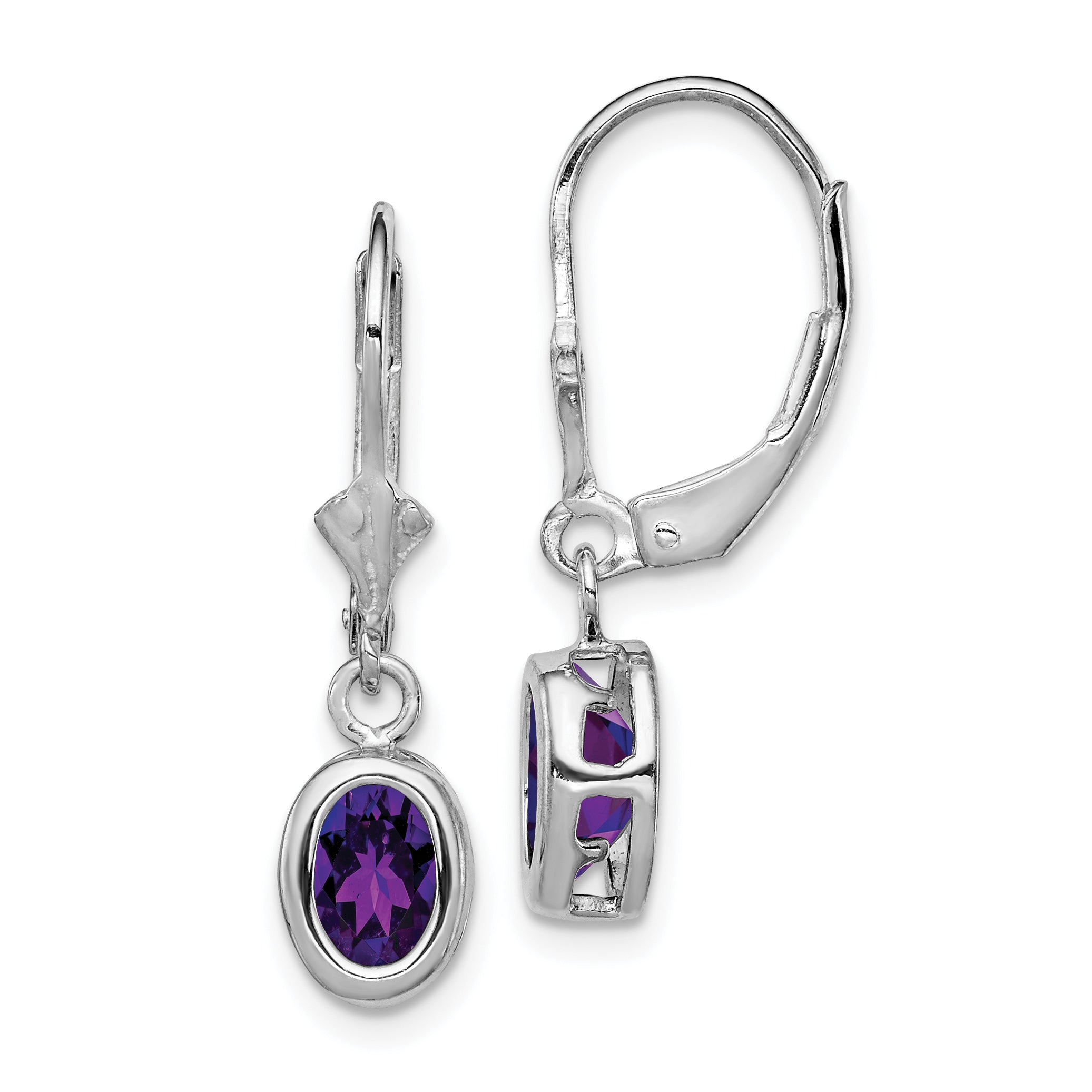 Sterling Silver Rhodium Plated 7x5mm Oval Amethyst Leverback Earrings Main image