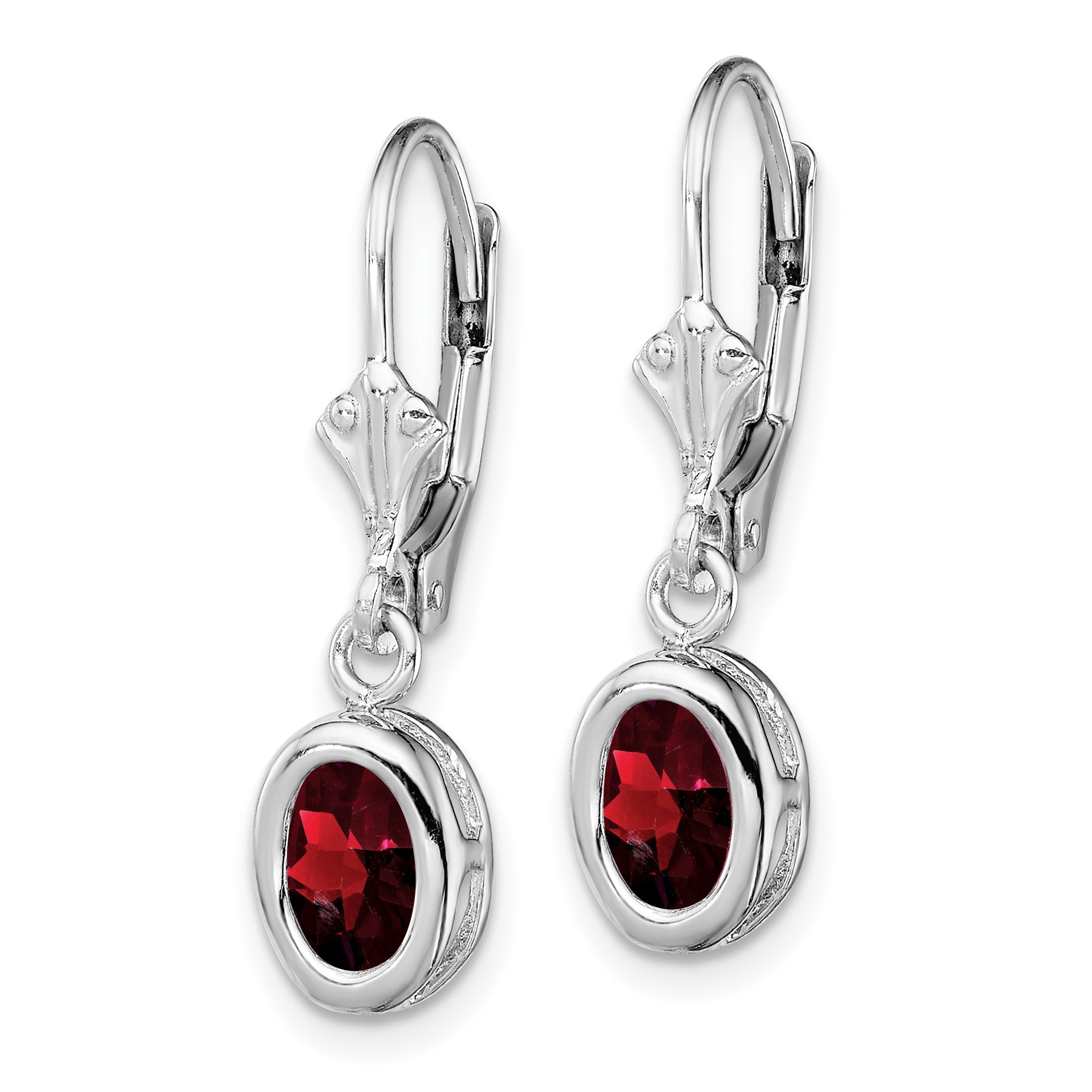 Sterling Silver Rhodium Plated 7x5mm Oval Garnet Leverback Earrings Secondary image