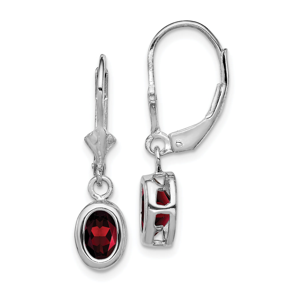 Sterling Silver Rhodium Plated 7x5mm Oval Garnet Leverback Earrings