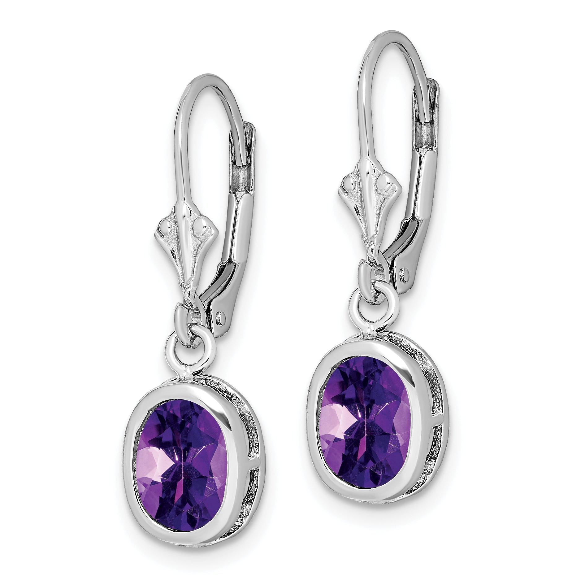 Sterling Silver Rhodium Plated 8x6mm Oval Amethyst Leverback Earrings Secondary image