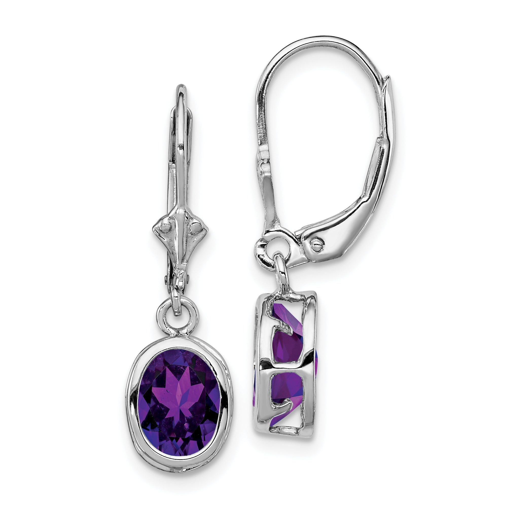 Sterling Silver Rhodium Plated 8x6mm Oval Amethyst Leverback Earrings Main image