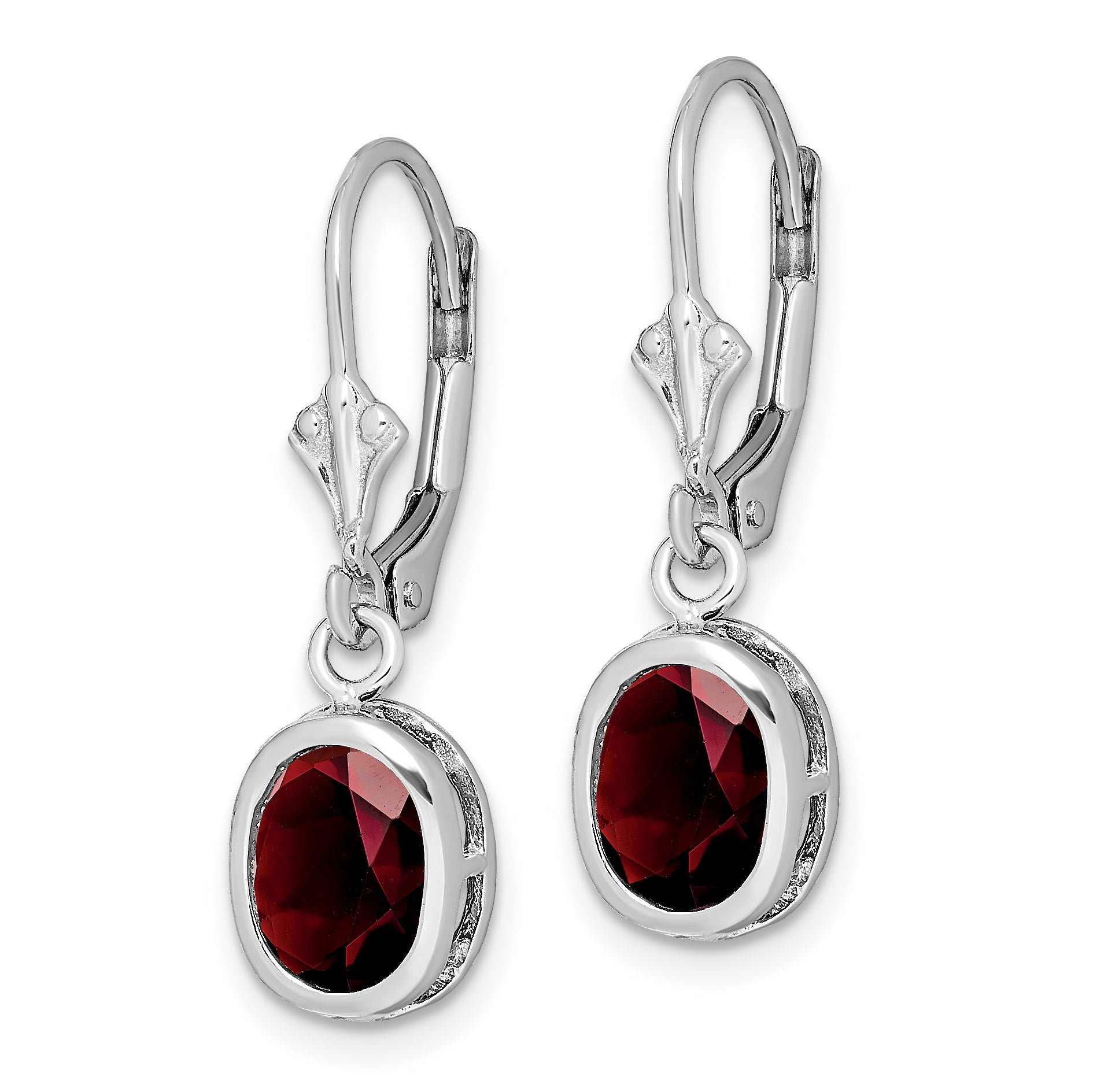 Sterling Silver Rhodium Plated 8x6mm Oval Garnet Leverback Earrings Secondary image
