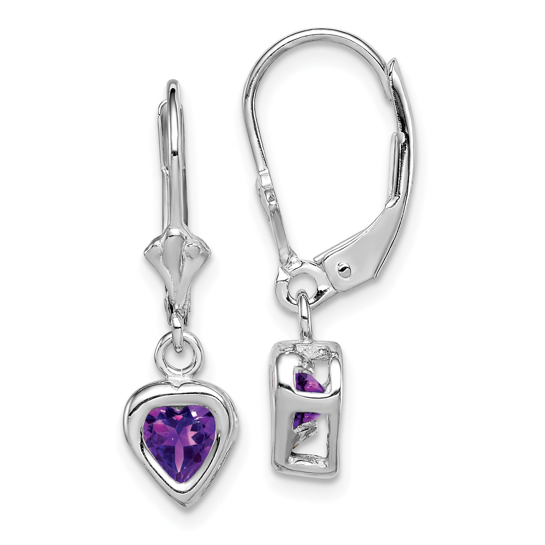 Sterling Silver Rhodium Plated 5mm Heart Amethyst Leverback Earrings Main image