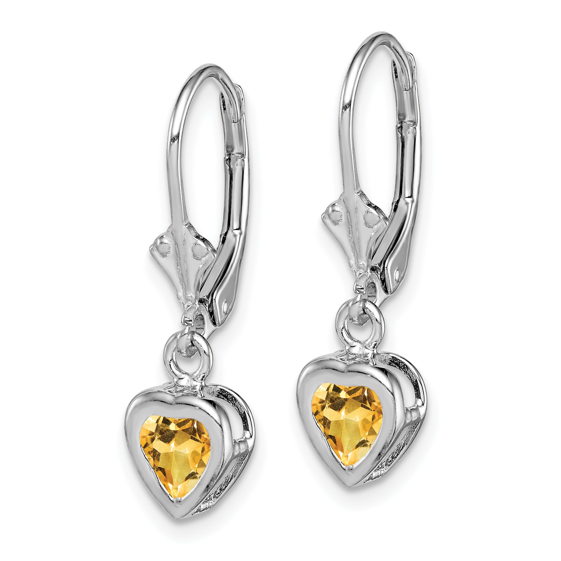 Sterling Silver Rhodium Plated 5mm Heart Citrine Leverback Earrings Secondary image