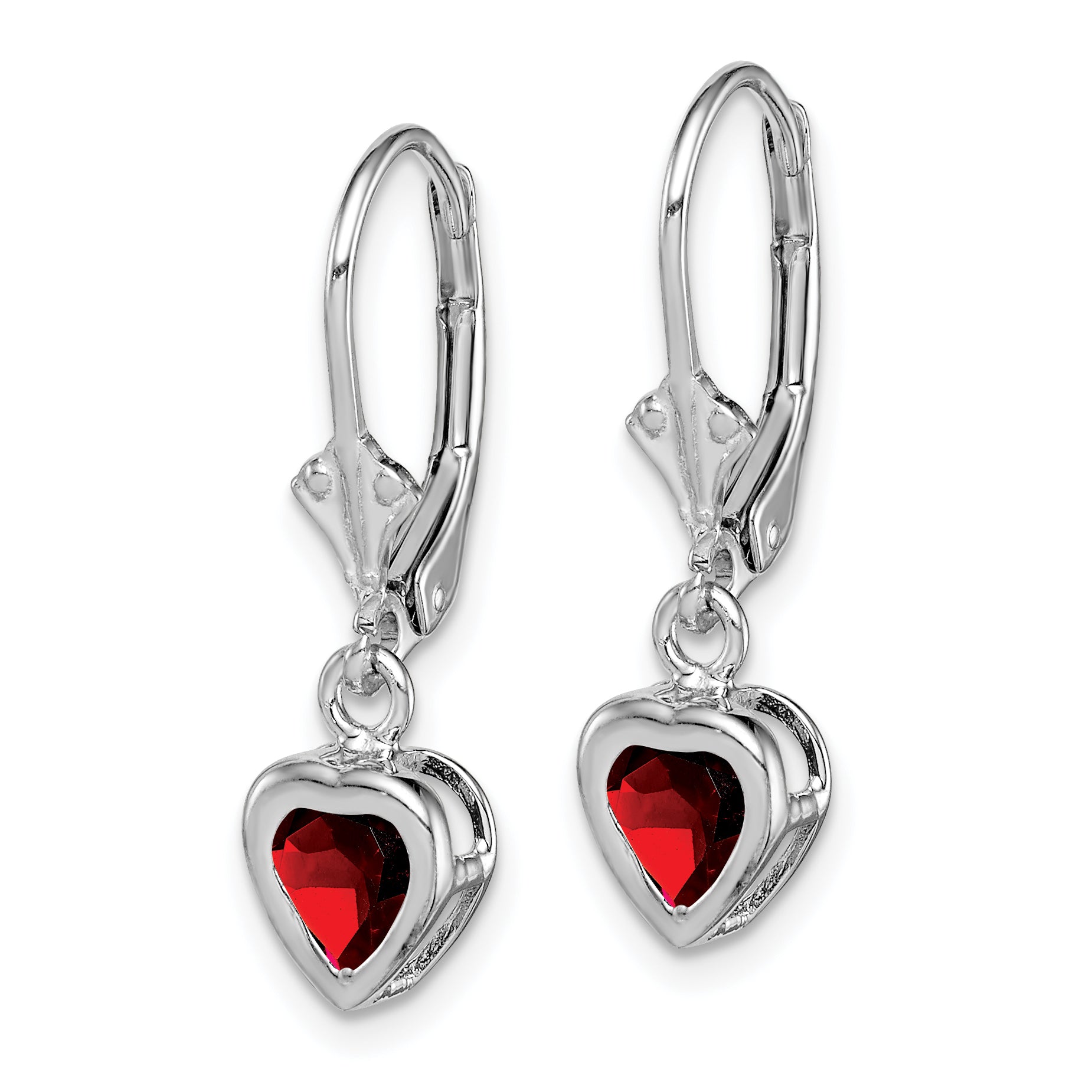 Sterling Silver Rhodium Plated 5mm Heart Garnet Leverback Earrings Secondary image