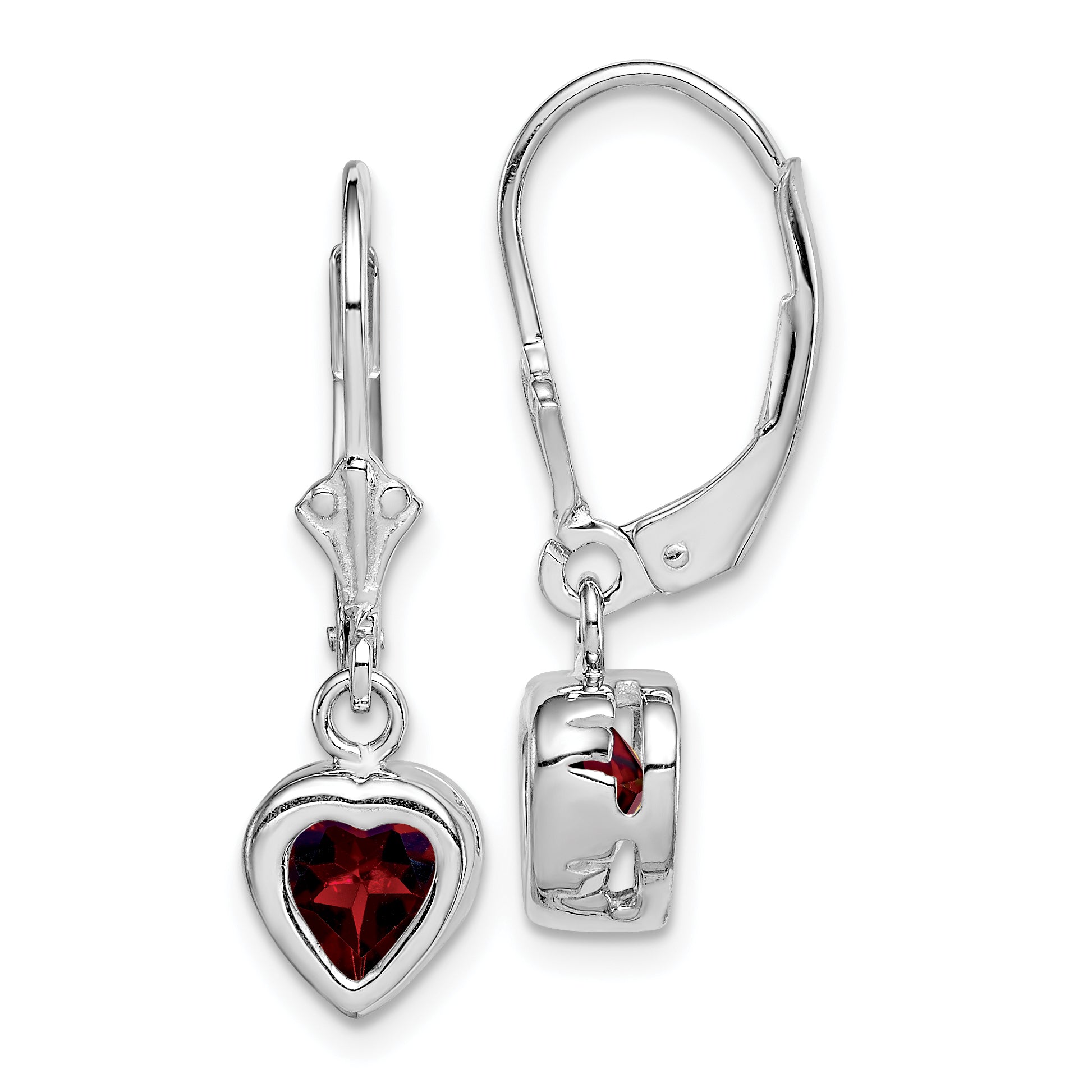 Sterling Silver Rhodium Plated 6mm Heart Garnet Leverback Earrings Main image