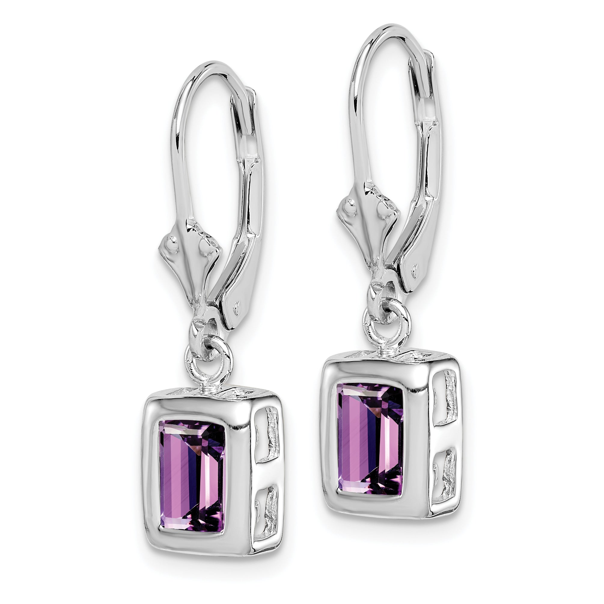 Sterling Silver RH Plated 7x5 Emerald Cut Amethyst Leverback Earrings Secondary image
