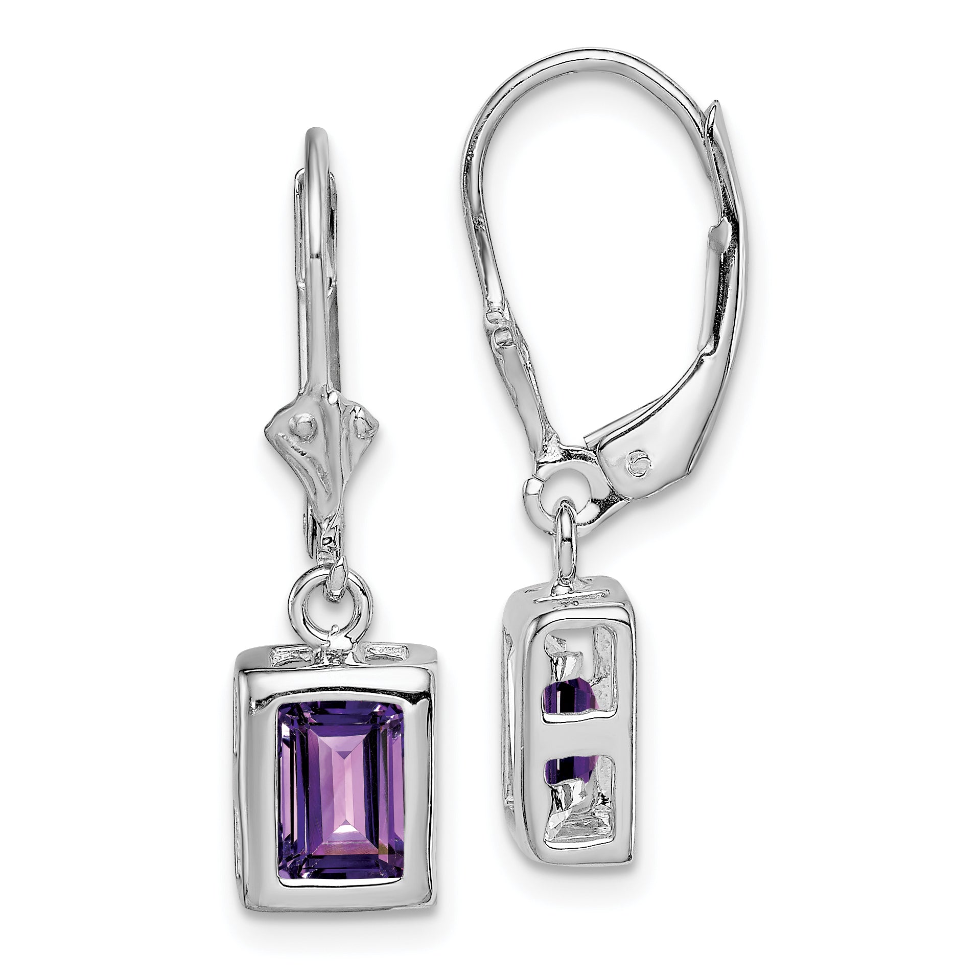 Sterling Silver RH Plated 7x5 Emerald Cut Amethyst Leverback Earrings Main image