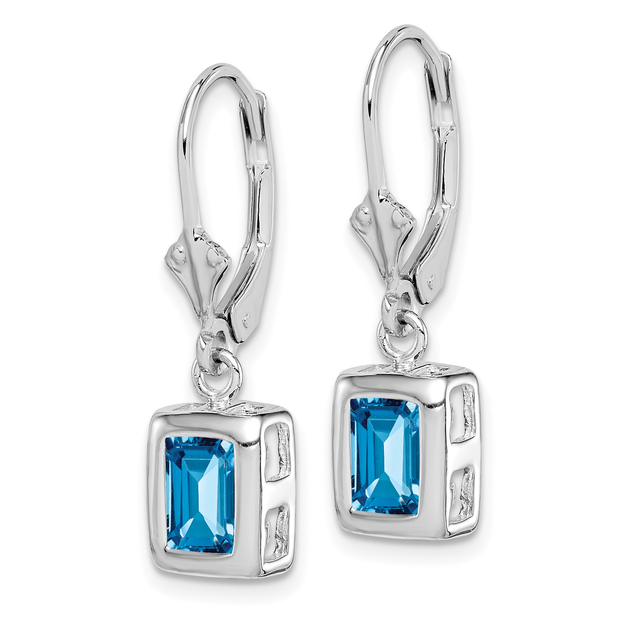 Sterling Silver RH Plated 7x5 Emerald Cut Blue Topaz Leverback Earrings Secondary image