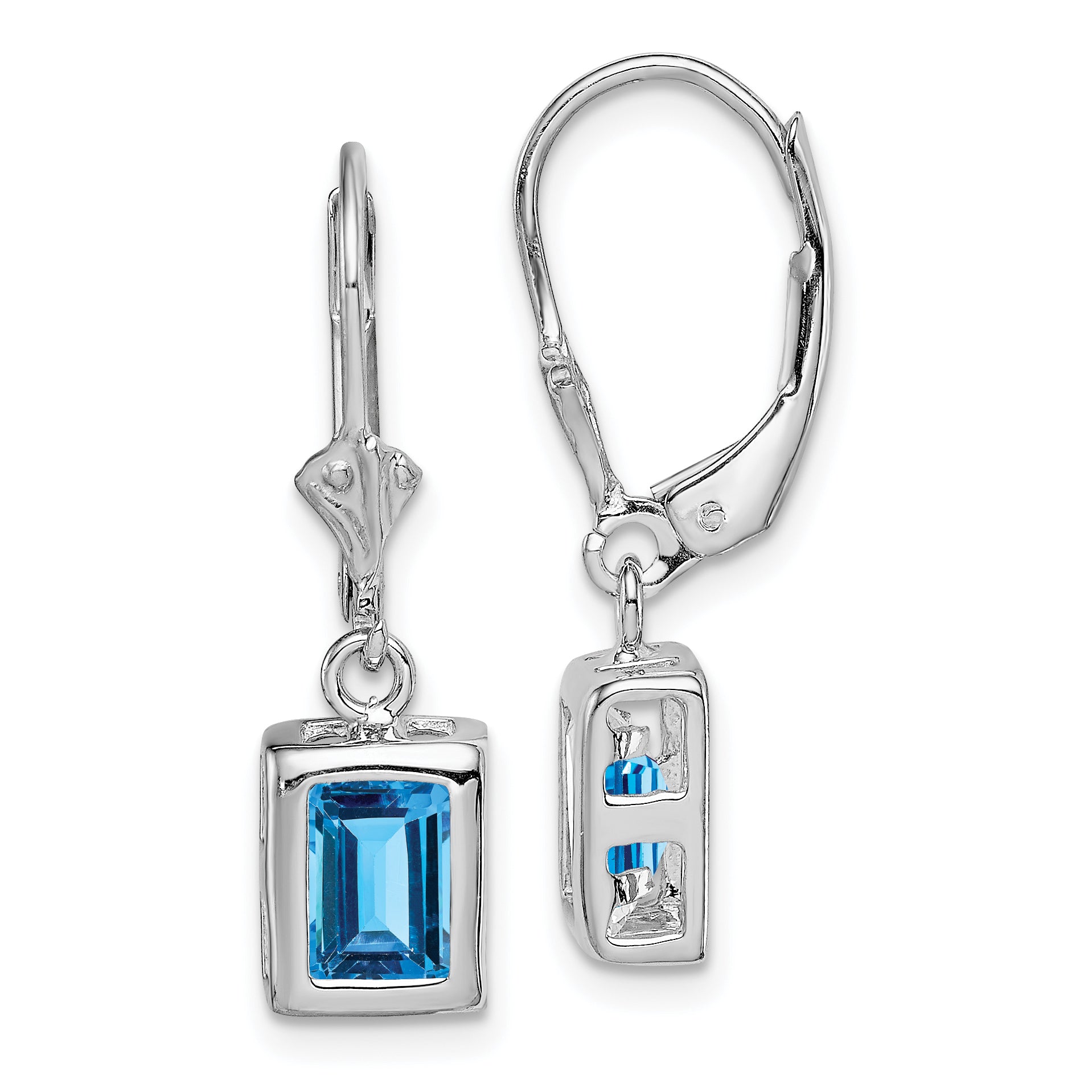 Sterling Silver RH Plated 7x5 Emerald Cut Blue Topaz Leverback Earrings Main image