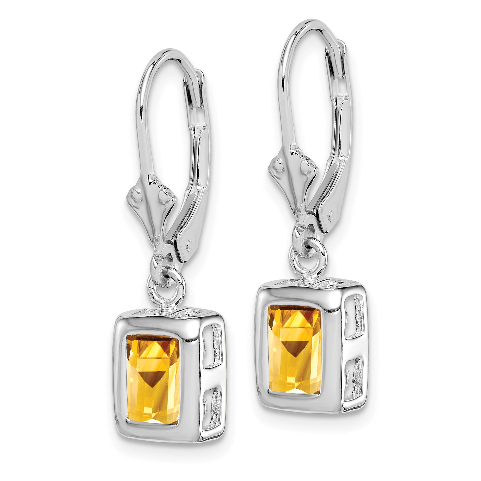 Sterling Silver Rhodium Plated 7x5 Emerald Cut Citrine Leverback Earrings Secondary image